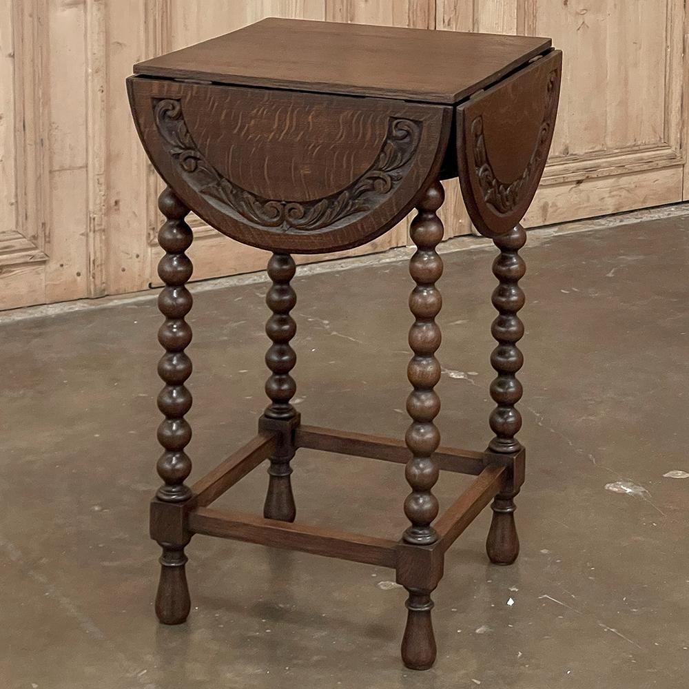 Renaissance Revival Antique Drop Leaf Spool Leg End Table For Sale