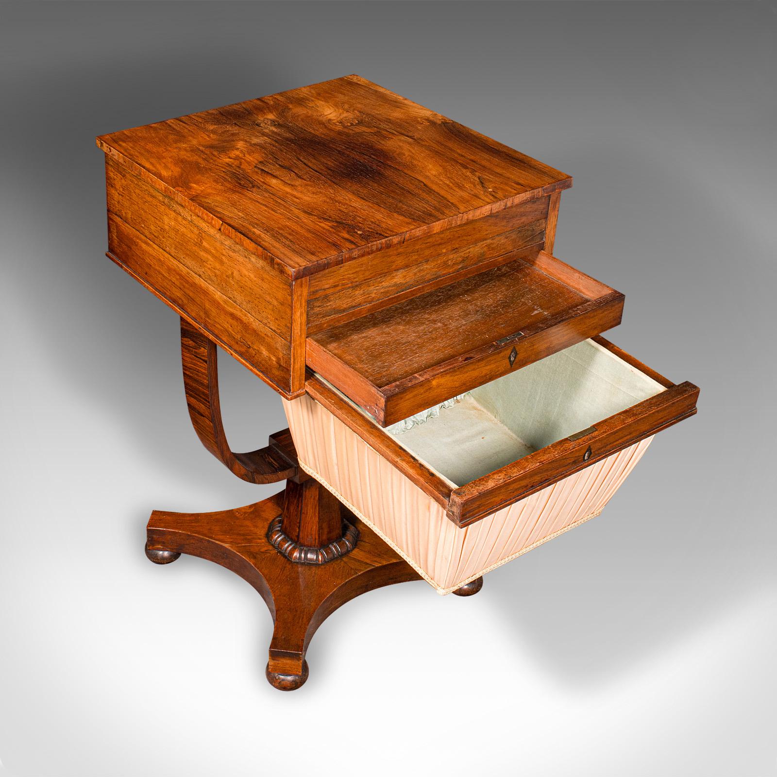 This is an antique dual aspect sewing table. An English, rosewood ladies work box, dating to the Regency period, circa 1820.

Fascinating dual aspect table, with striking figuring and form
Displays a desirable aged patina and in good order
Select