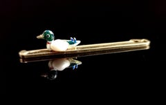 Antique Duck Brooch, 15k Gold, Enamel and Baroque Pearl, Gold Pin