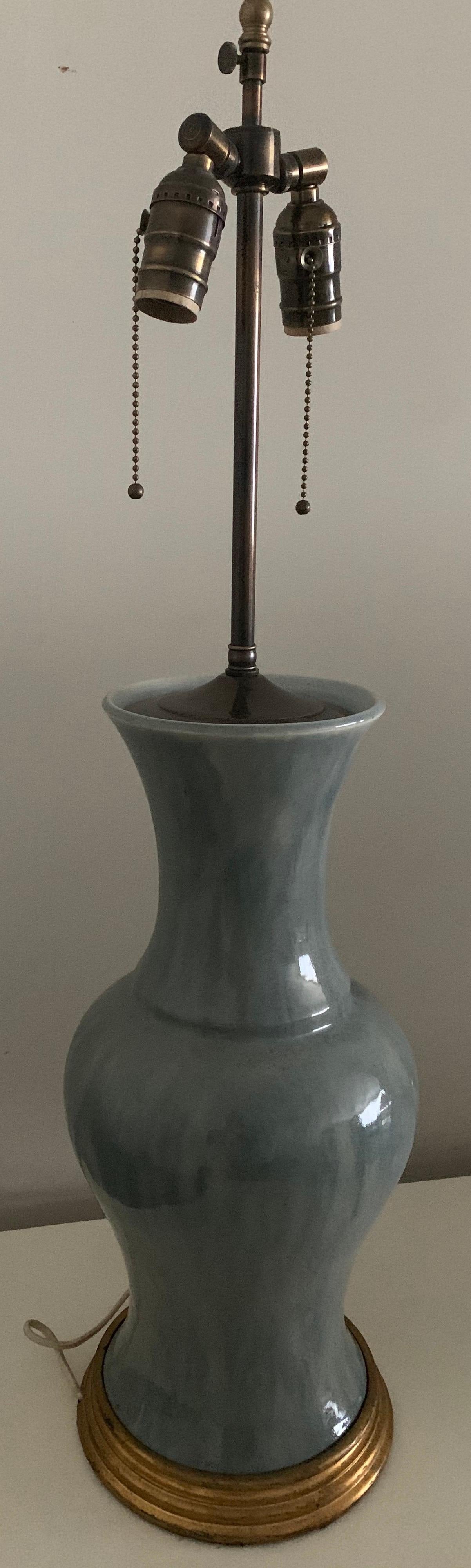 Antique Duck Egg Blue Ceramic Vase Lamp In Good Condition In Stamford, CT