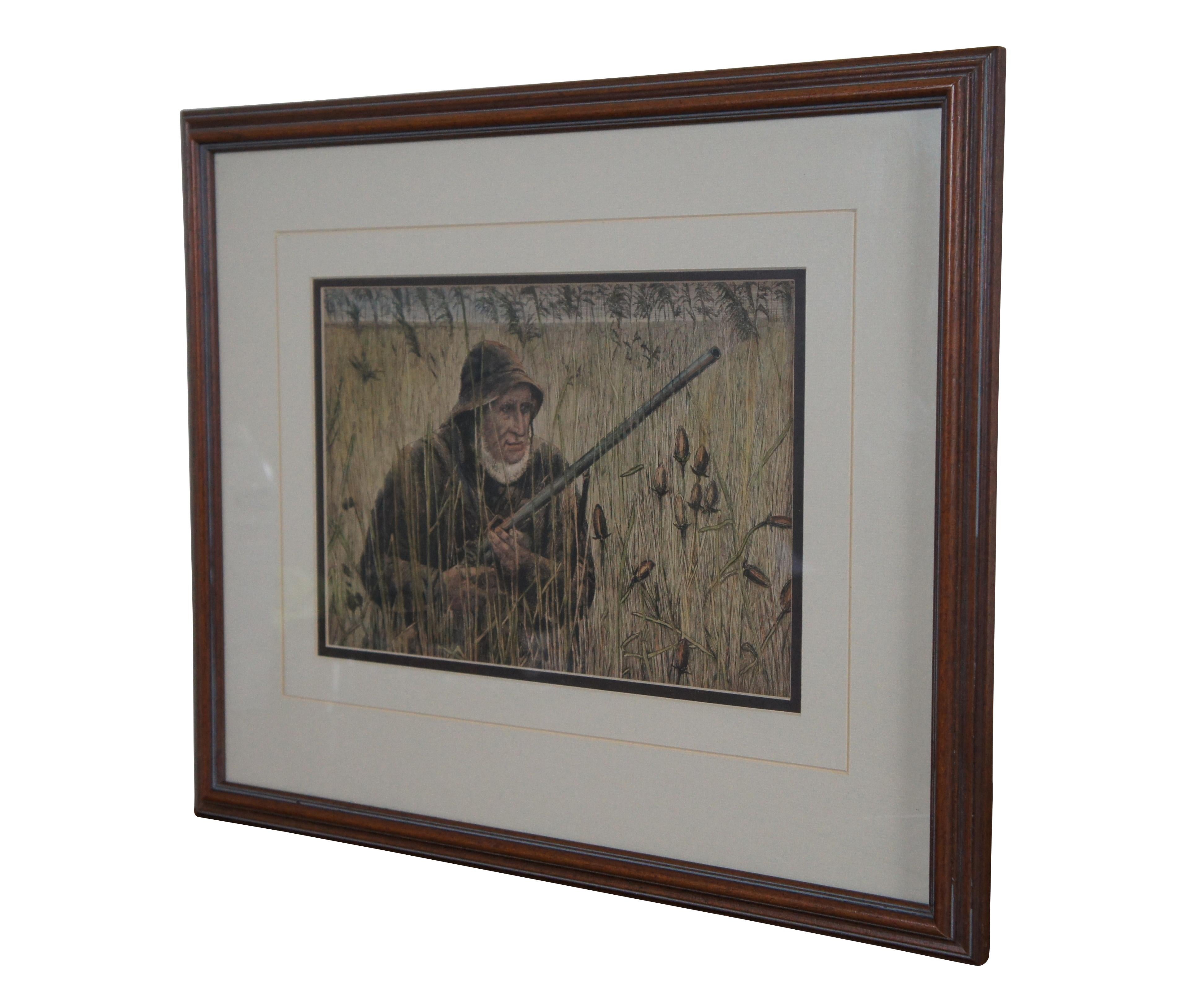 Antique hand colored duck hunt engraving featuring a man with his gun in the field.

Dimensions:
19.5