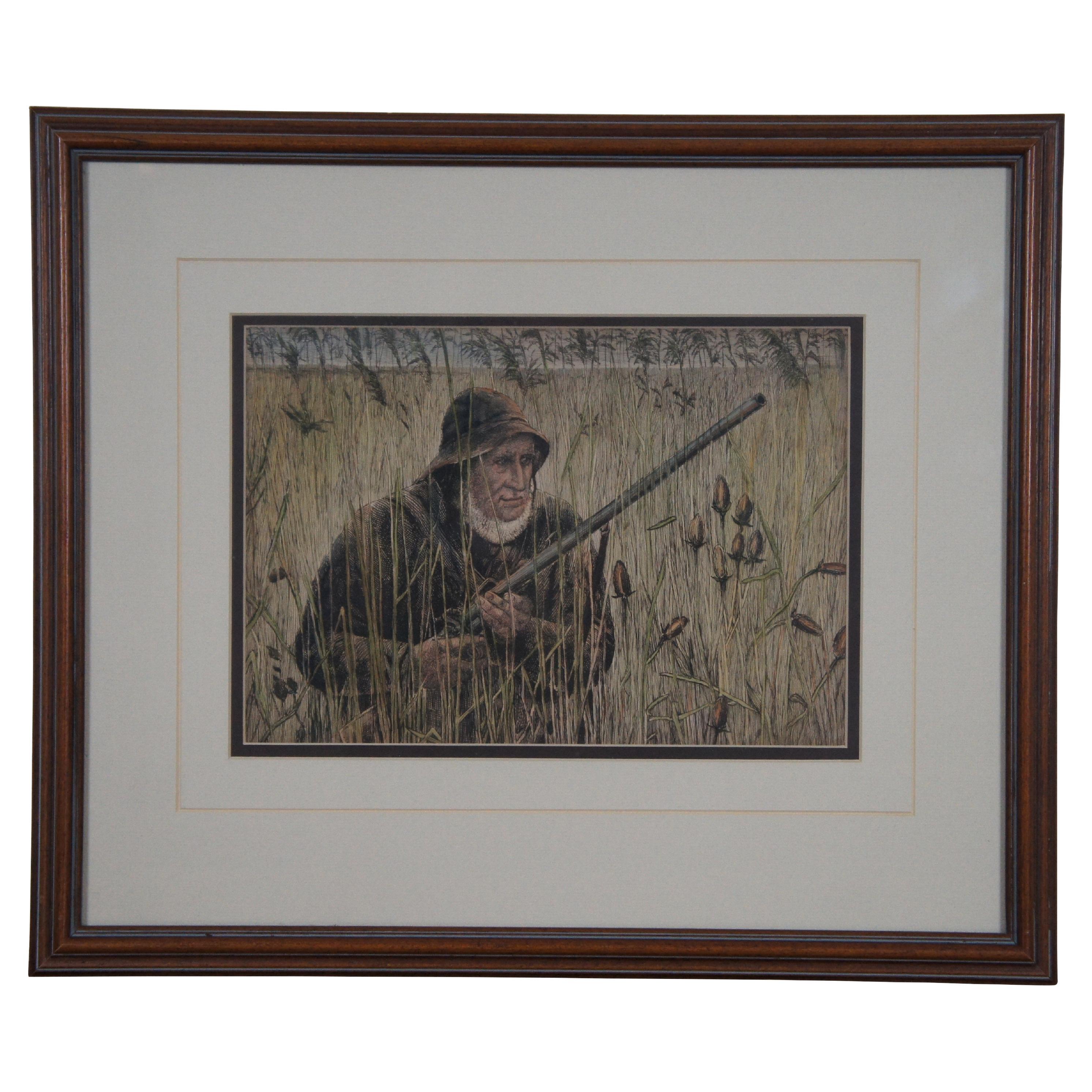 Antique Duck Hunter in the Field Hand Colored Landscape Engraving 20"