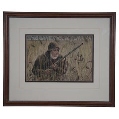 Antiker Duck Hunter in the Field, handkolorierte Landschaftsgravur, 20"