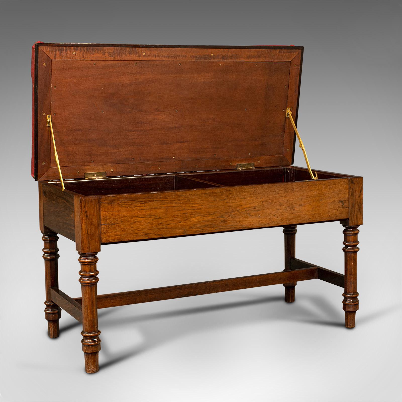 This is an antique duet music stool. An English, rosewood and faux leather recital bench or window seat, dating to the Victorian period, circa 1880.

Attractive and of generous proportion - distinguished and versatile
Displays a desirable aged