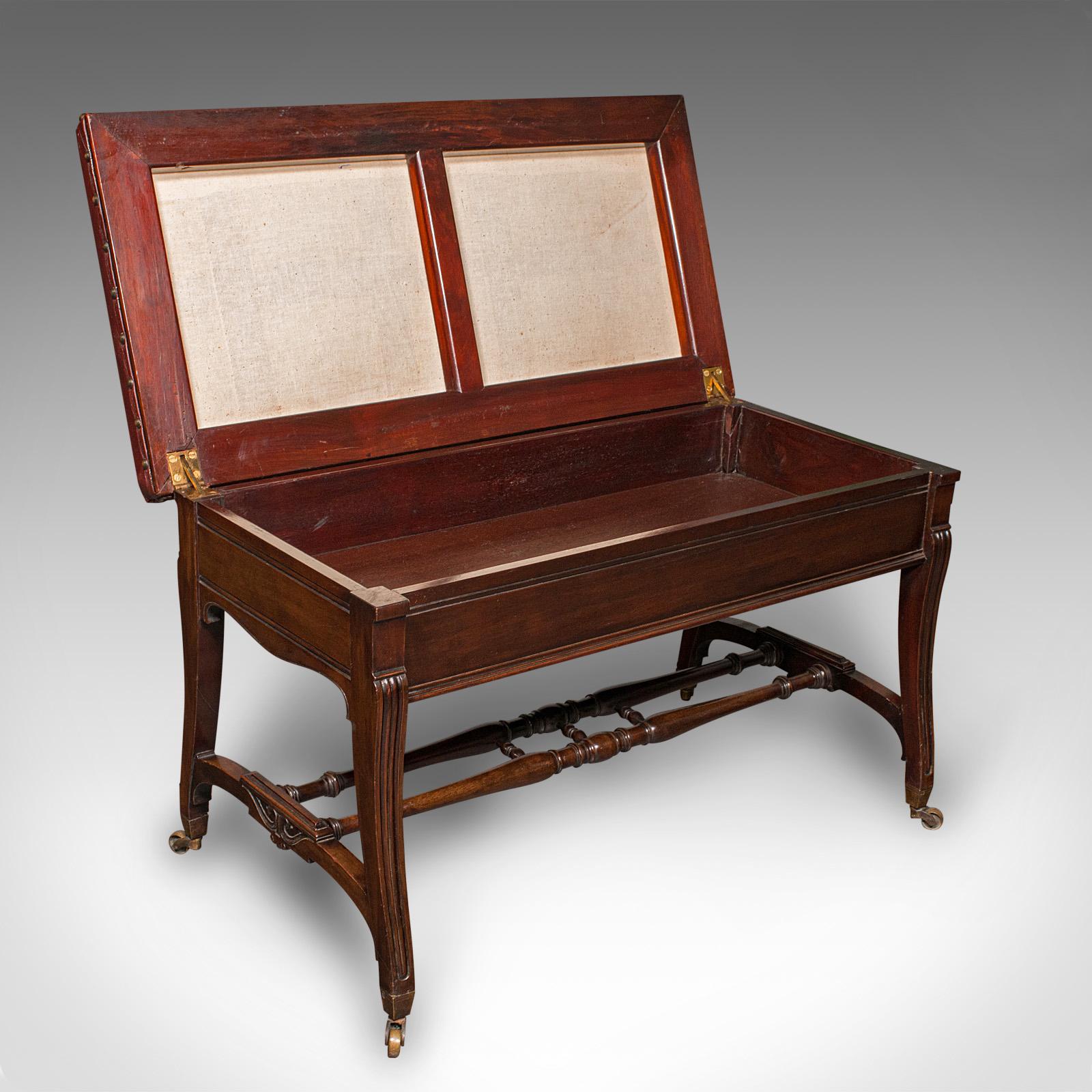 This is an antique duet music stool. An English, mahogany and leather recital bench or window seat, dating to the mid Victorian period, circa 1870.

Of wonderful appearance and versatile proportion
Displays a desirable aged patina and in good