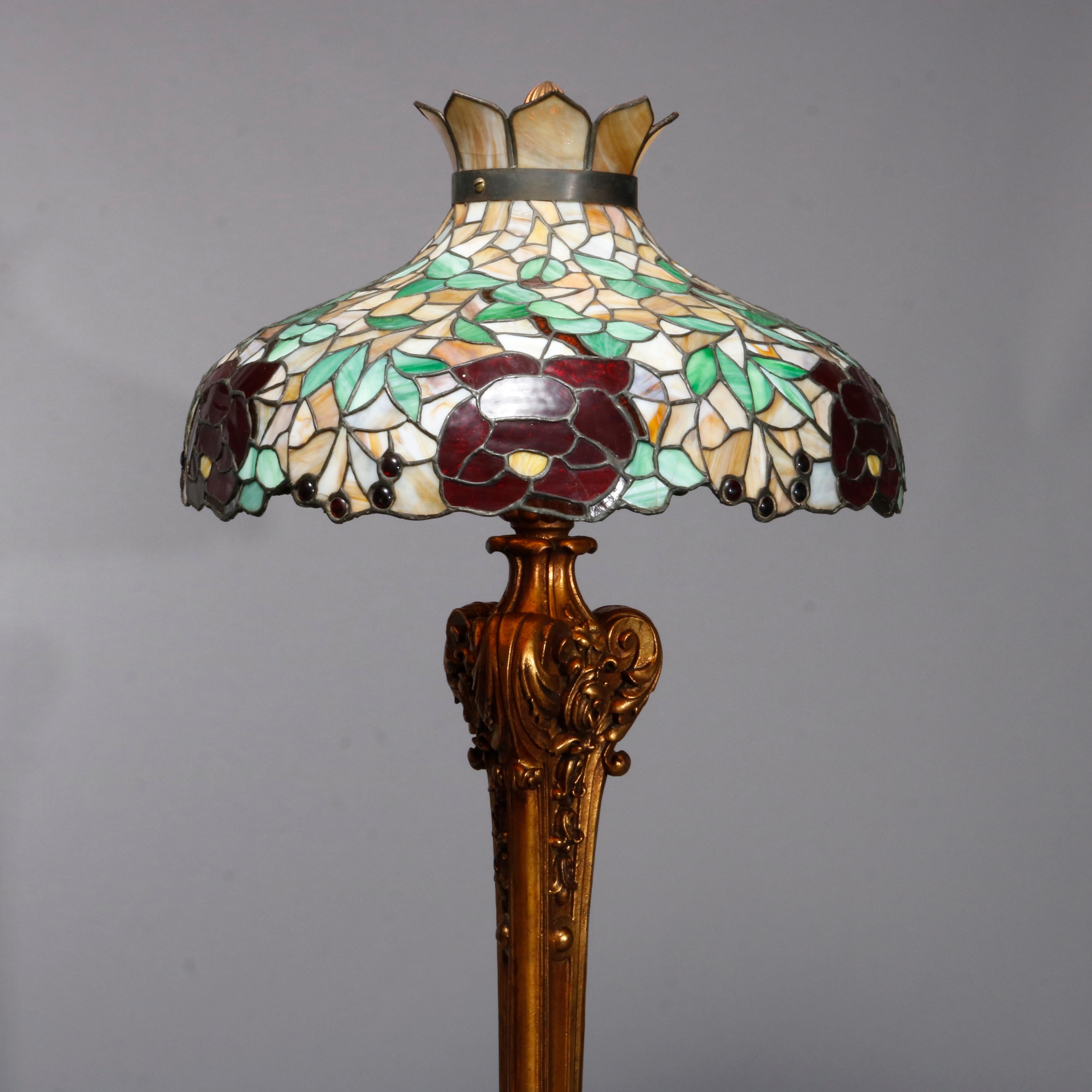 Art Nouveau Duffner & Kimberley School Leaded Glass and Gilt Bronzed Floor Lamp, circa 1920