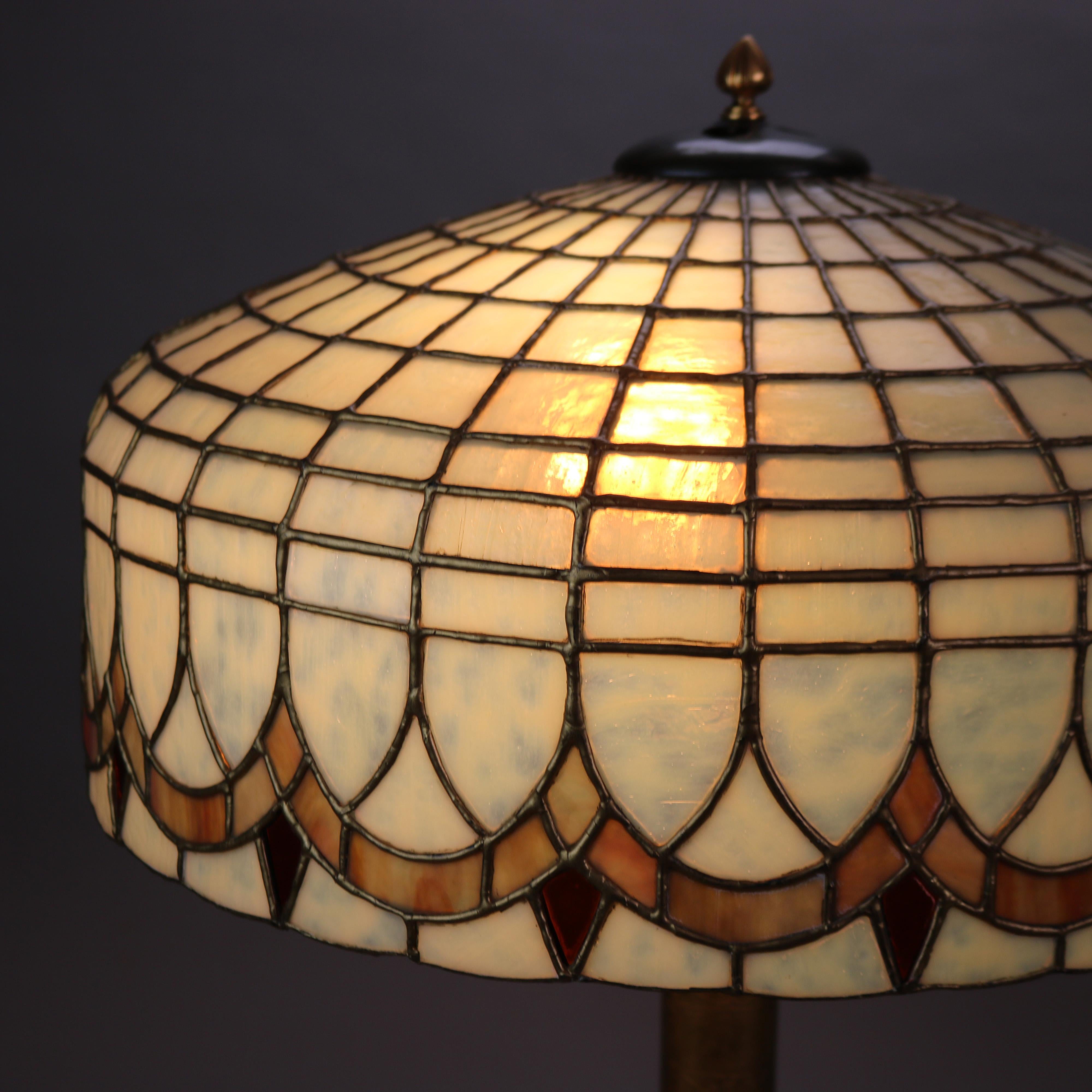 Arts and Crafts Antique Duffner & Kimberly Bronze, Stained & Dichroic Leaded Glass Table Lamp