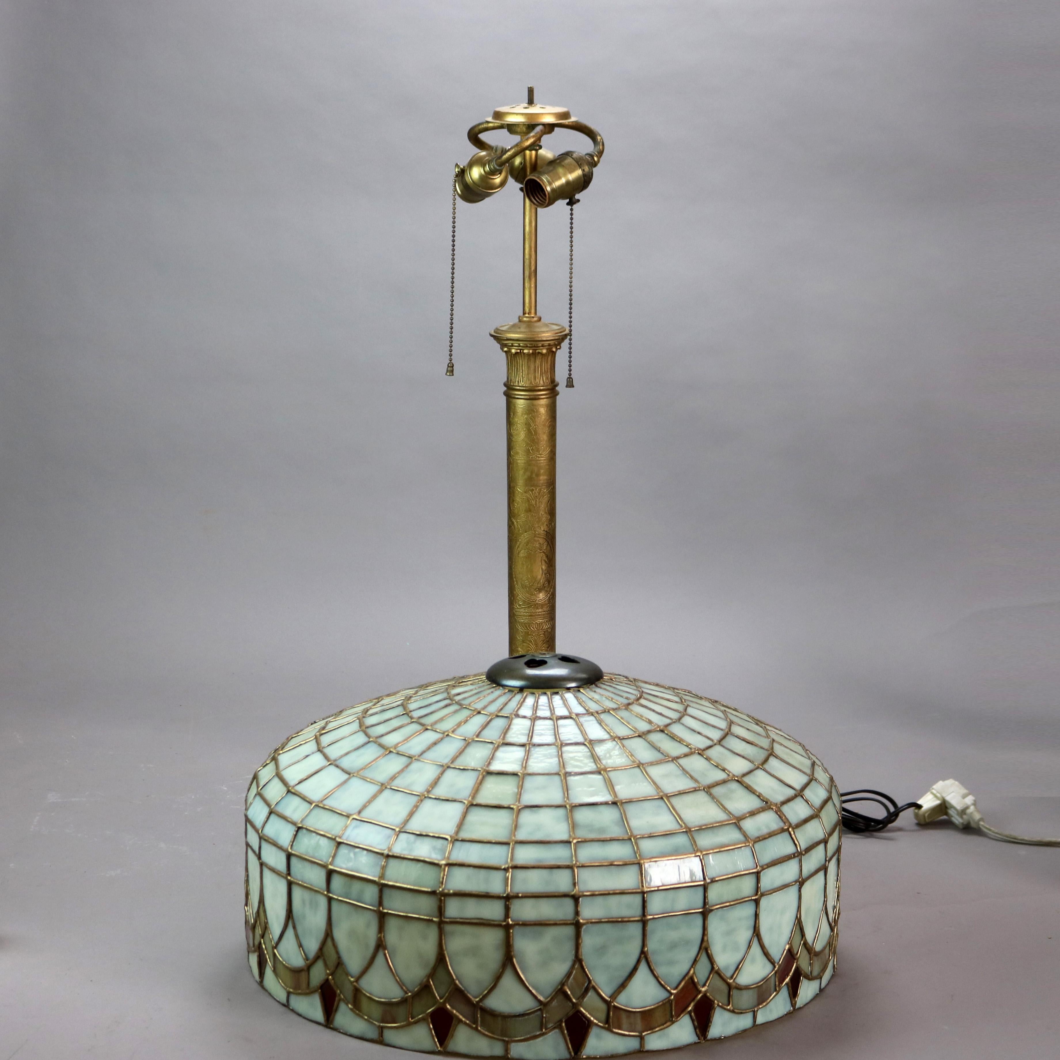 North American Antique Duffner & Kimberly Bronze, Stained & Dichroic Leaded Glass Table Lamp