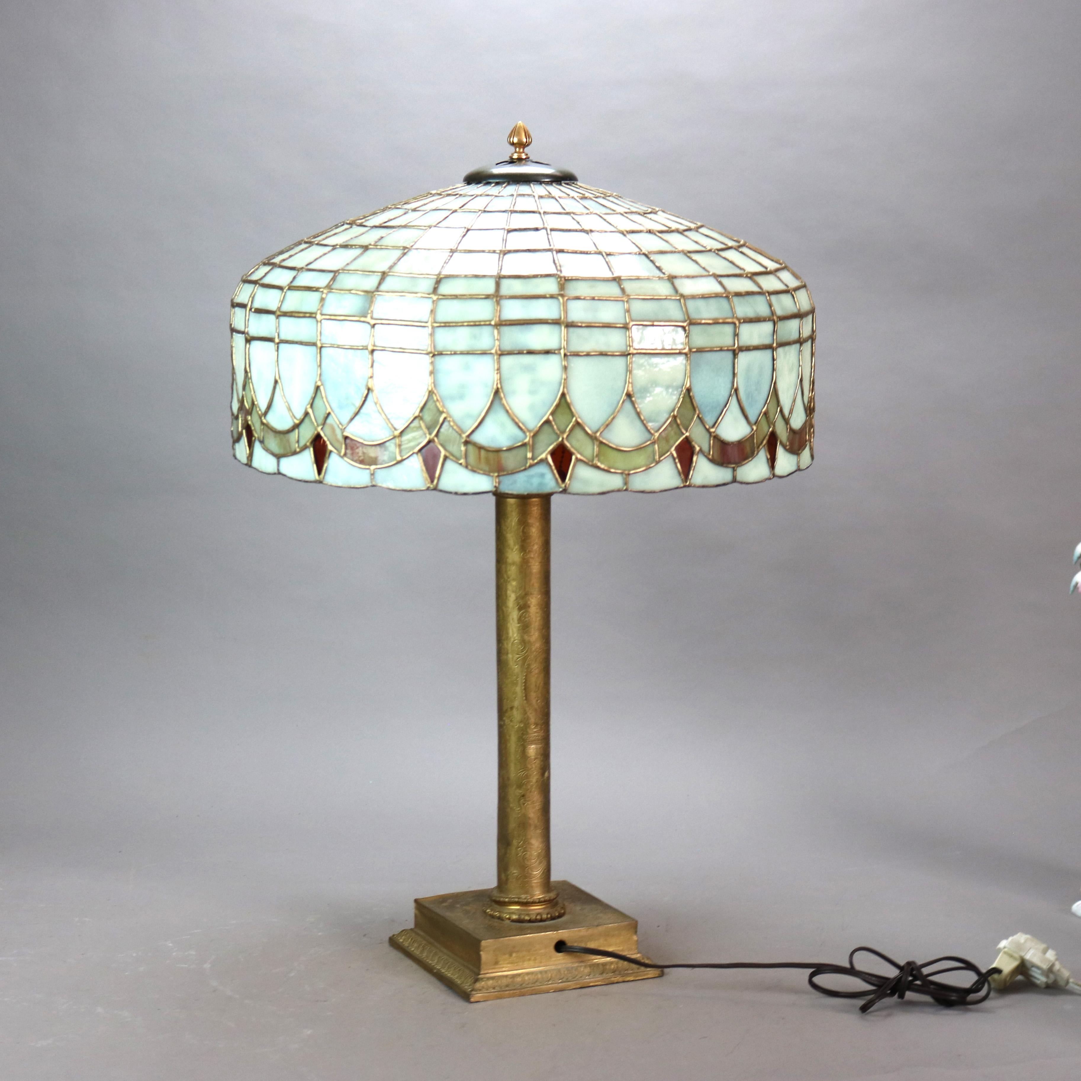 Antique Duffner & Kimberly Bronze, Stained & Dichroic Leaded Glass Table Lamp 1