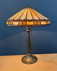 Antique Duffner & Kimberly Leaded Glass Table Lamp, Geometric Banded Shade