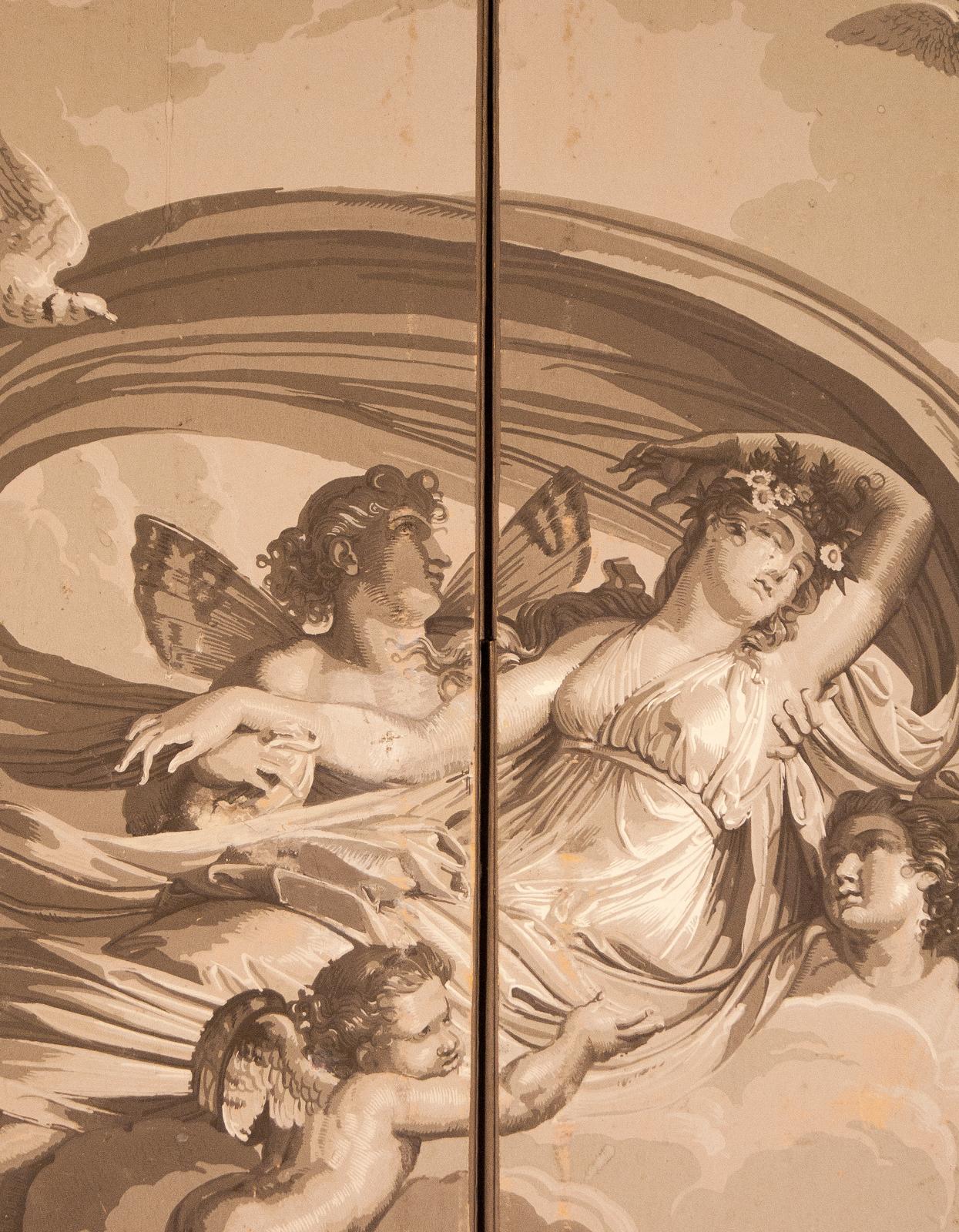 Two French Dufour wood block wallpaper panels mounted as a screen, circa 1815. The depicting goddess carried by amorini, some repairs as expected. The back of the screen is a marbleized paper.

