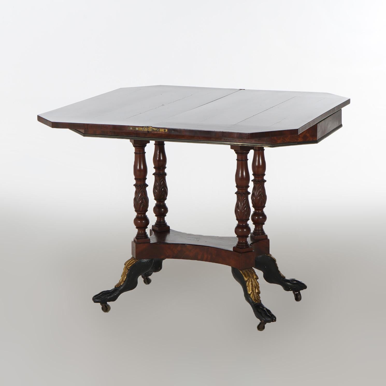 Antique Duncan Phyfe Carved Banded & Gilt Flame Mahogany Game Table 8