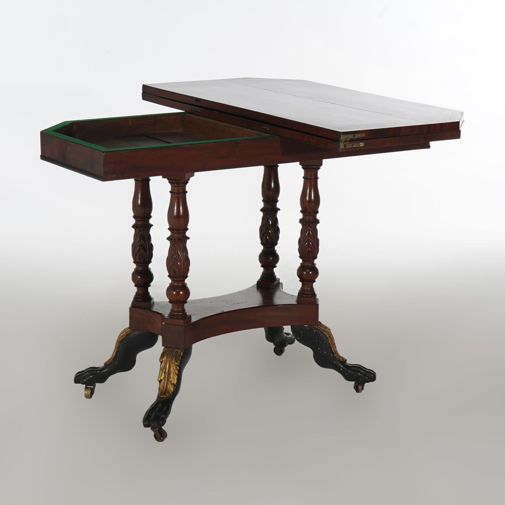 Antique Duncan Phyfe Carved Banded & Gilt Flame Mahogany Game Table 10