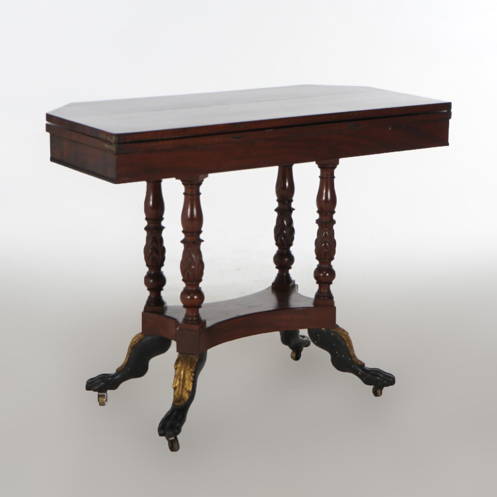 Antique Duncan Phyfe Carved Banded & Gilt Flame Mahogany Game Table 11