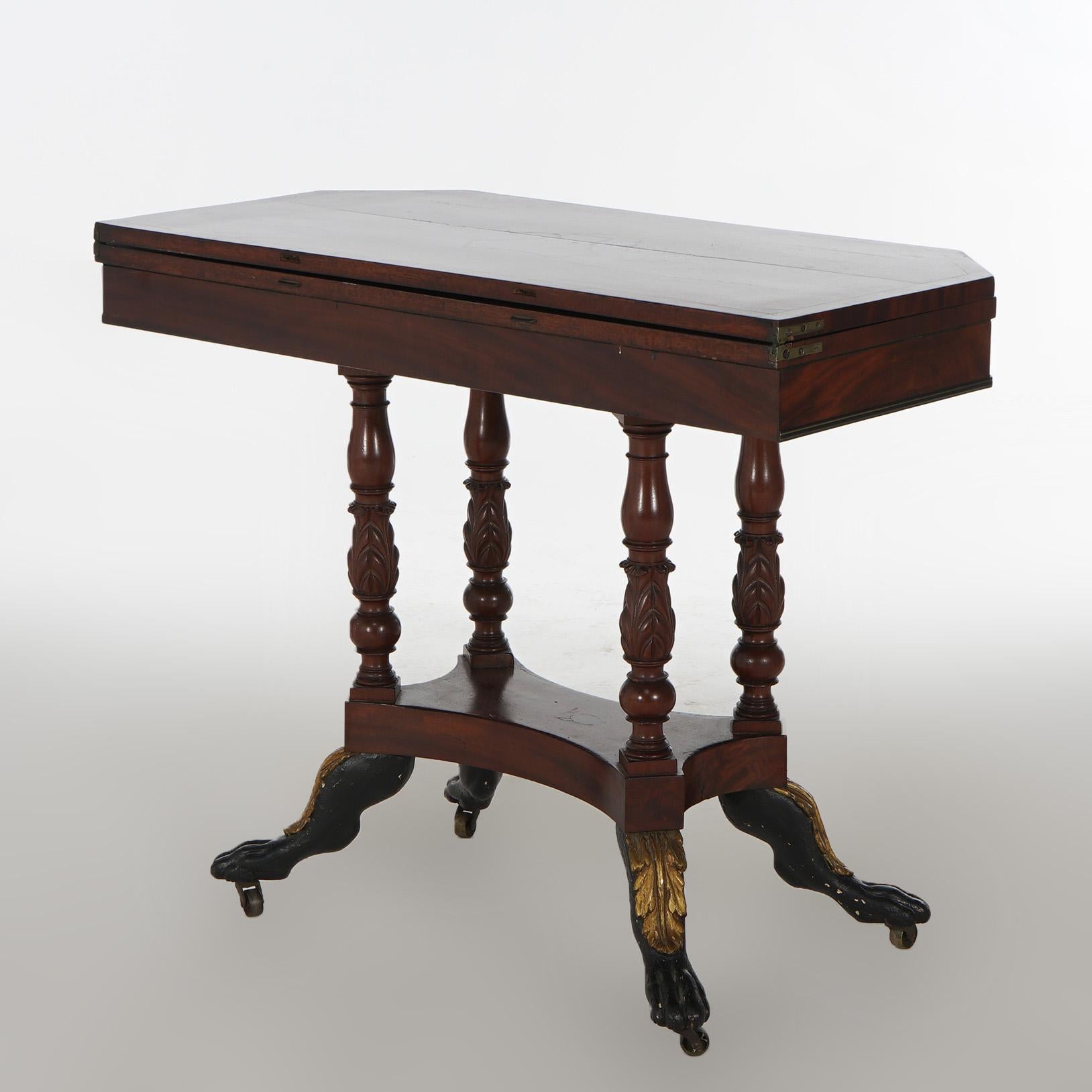 Antique Duncan Phyfe Carved Banded & Gilt Flame Mahogany Game Table 12