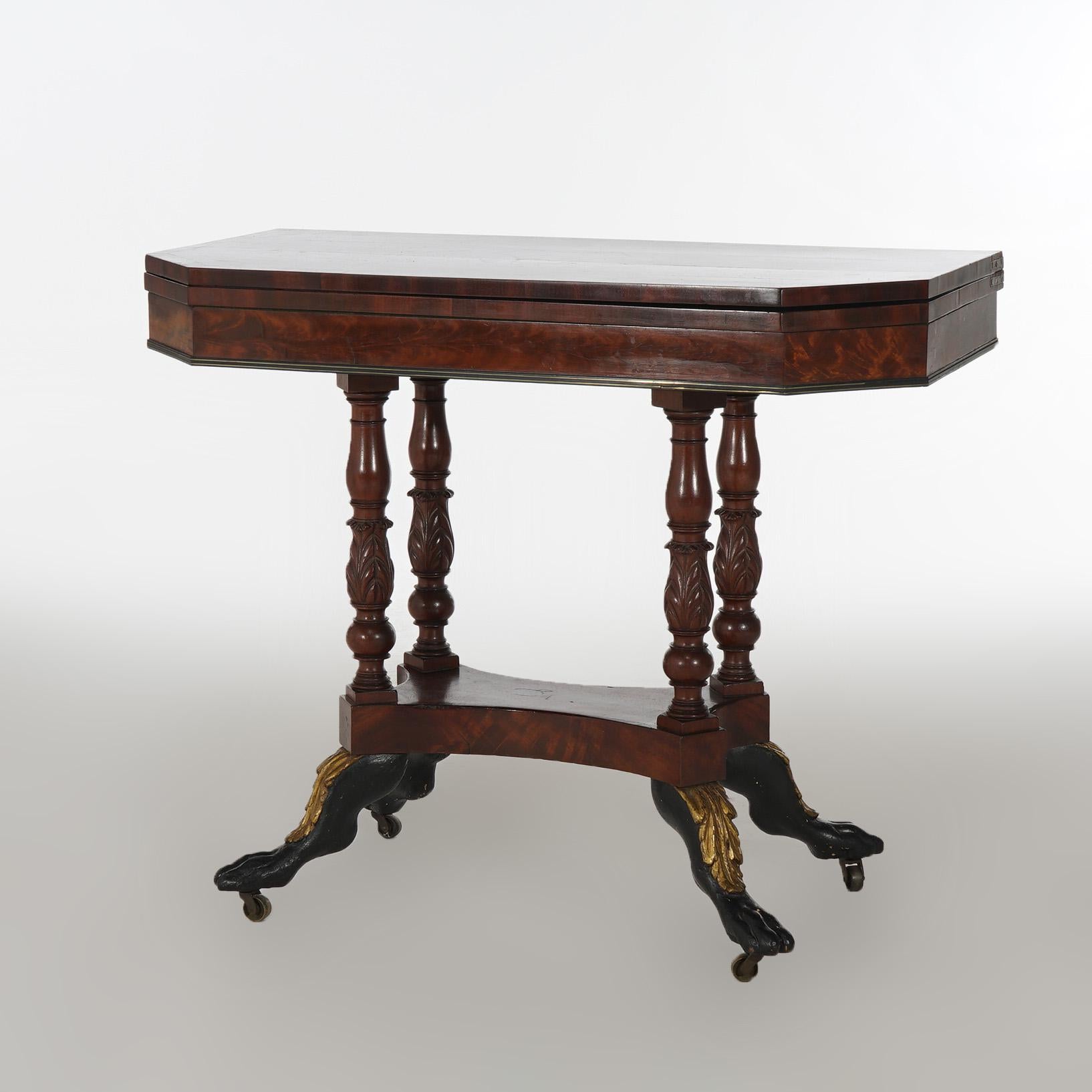 Antique Duncan Phyfe Carved Banded & Gilt Flame Mahogany Game Table with Clip-Corner Form and Acanthus Carving C1830

Measures - 29.75