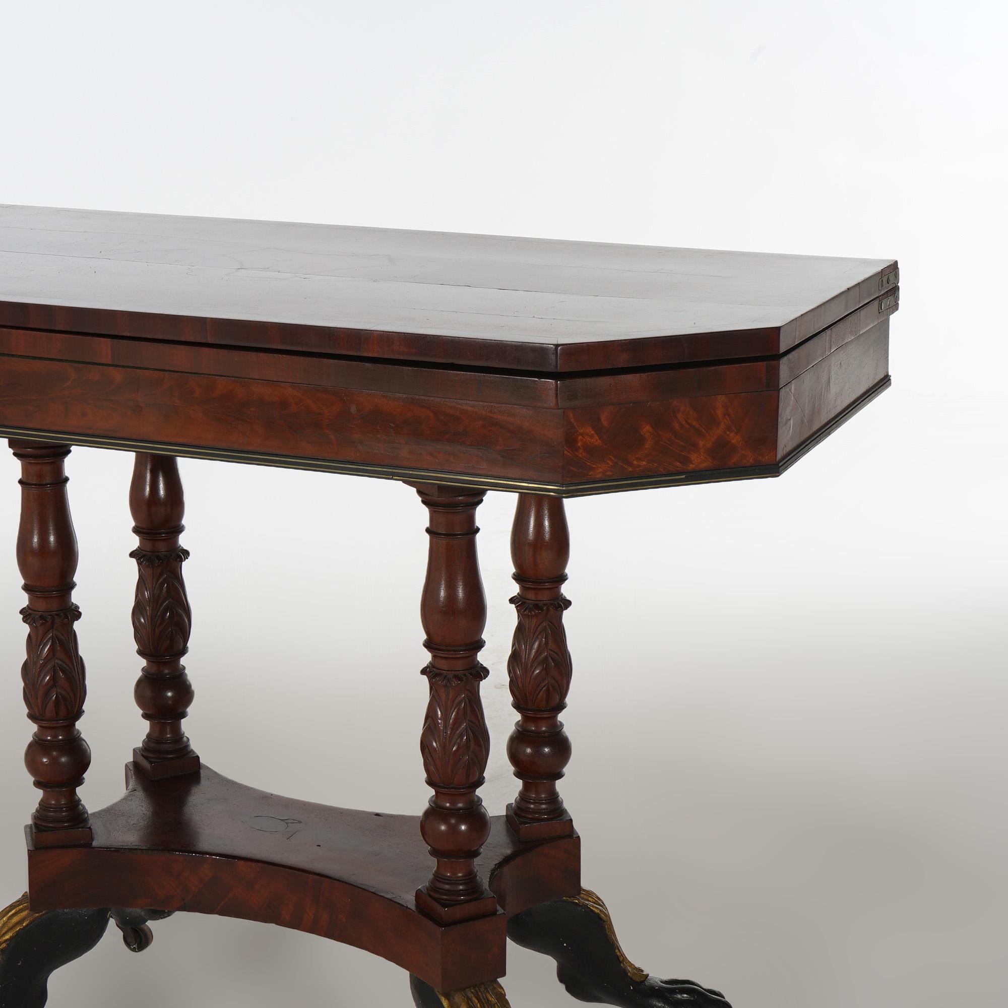 Antique Duncan Phyfe Carved Banded & Gilt Flame Mahogany Game Table 2