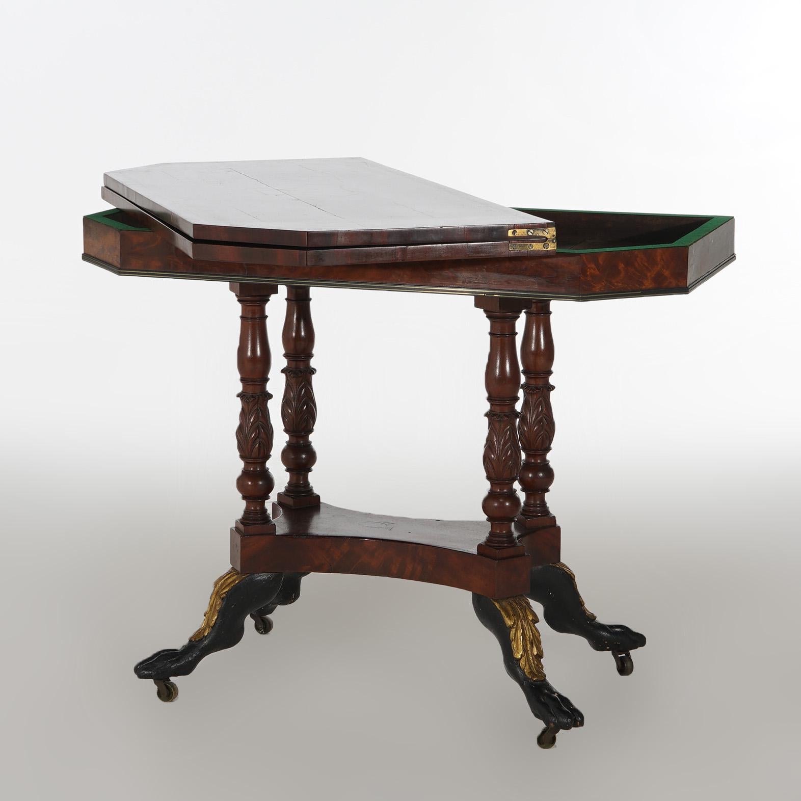 Antique Duncan Phyfe Carved Banded & Gilt Flame Mahogany Game Table 3