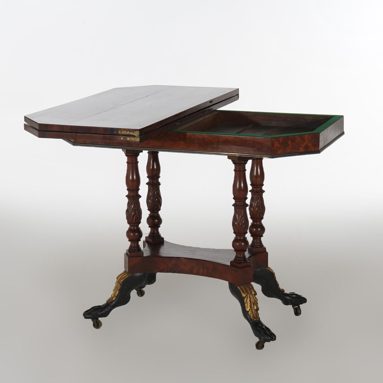 Antique Duncan Phyfe Carved Banded & Gilt Flame Mahogany Game Table 4
