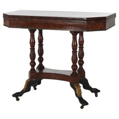 Antique Duncan Phyfe Carved Banded & Gilt Flame Mahogany Game Table