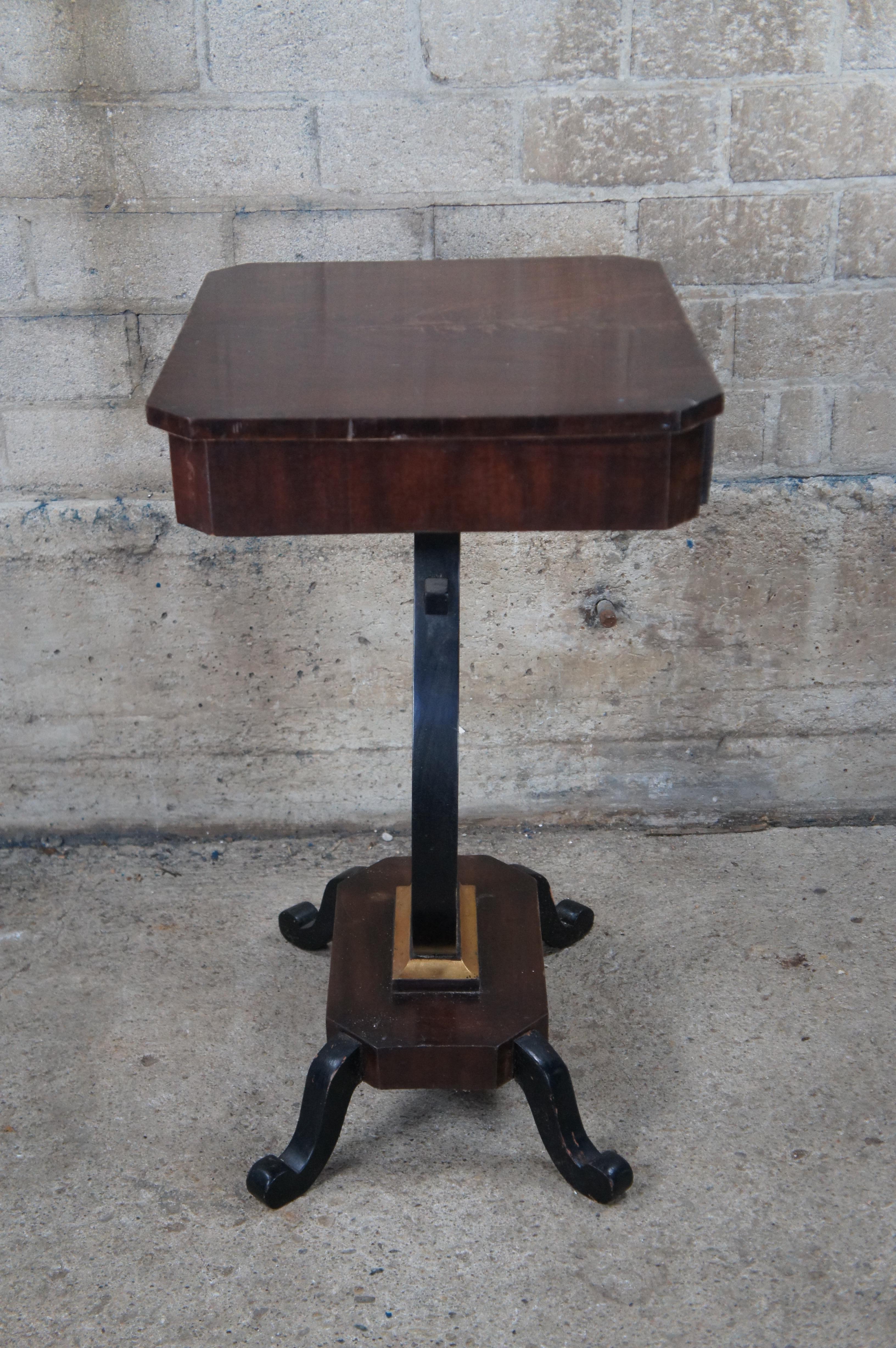 Antique Duncan Phyfe Style Crotch Mahogany & Ebony Lyre Pedestal Sewing Table For Sale 5