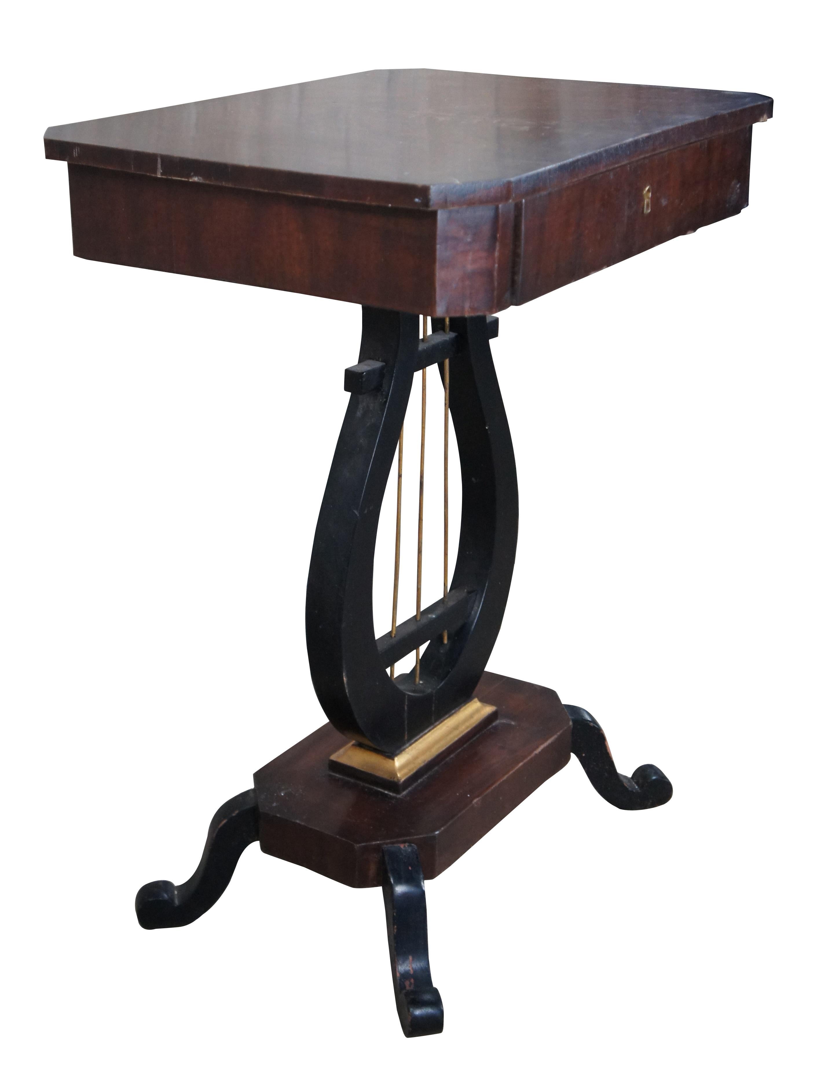 Empire Antique Duncan Phyfe Style Crotch Mahogany & Ebony Lyre Pedestal Sewing Table For Sale