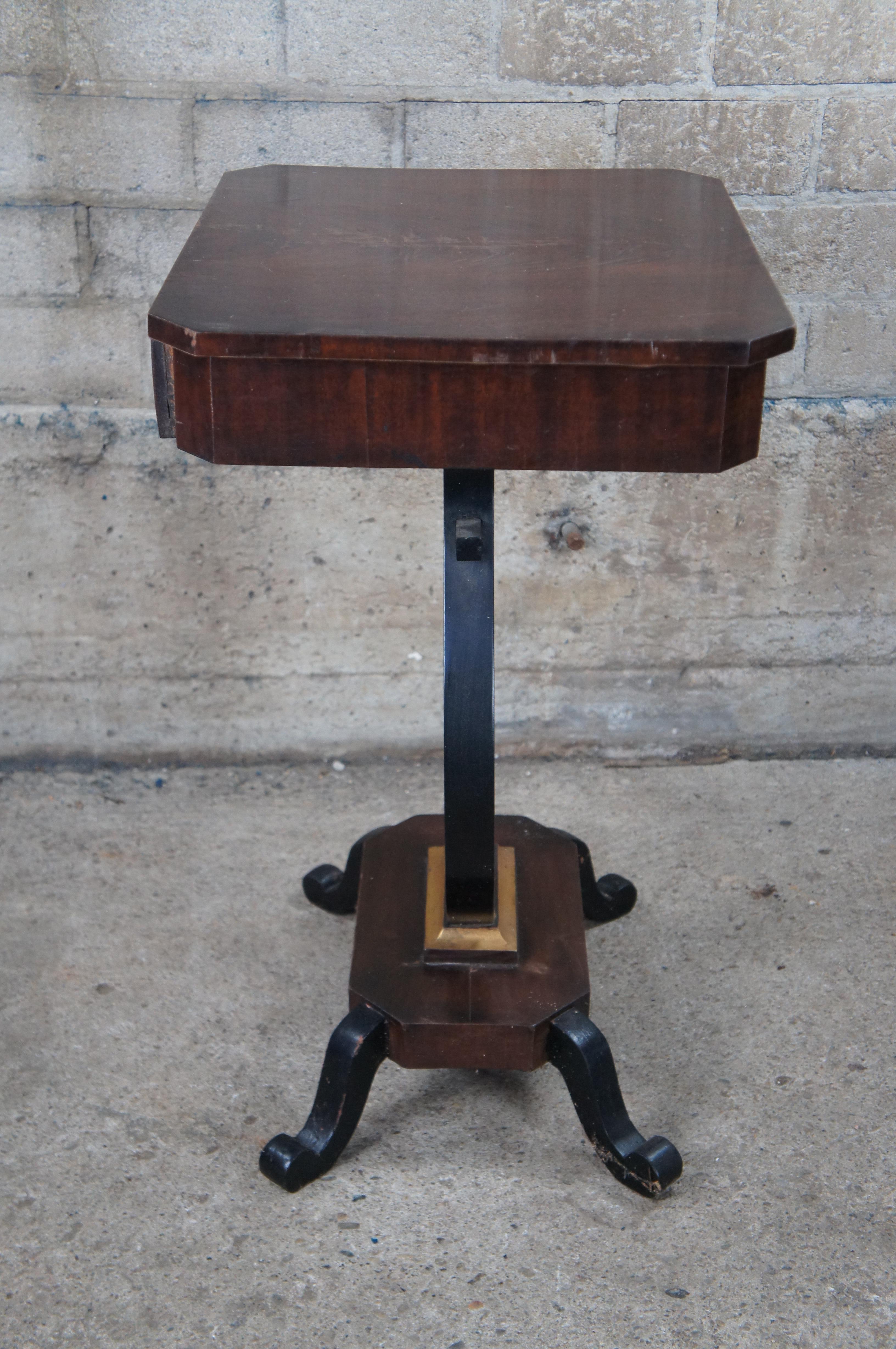 Antique Duncan Phyfe Style Crotch Mahogany & Ebony Lyre Pedestal Sewing Table For Sale 3