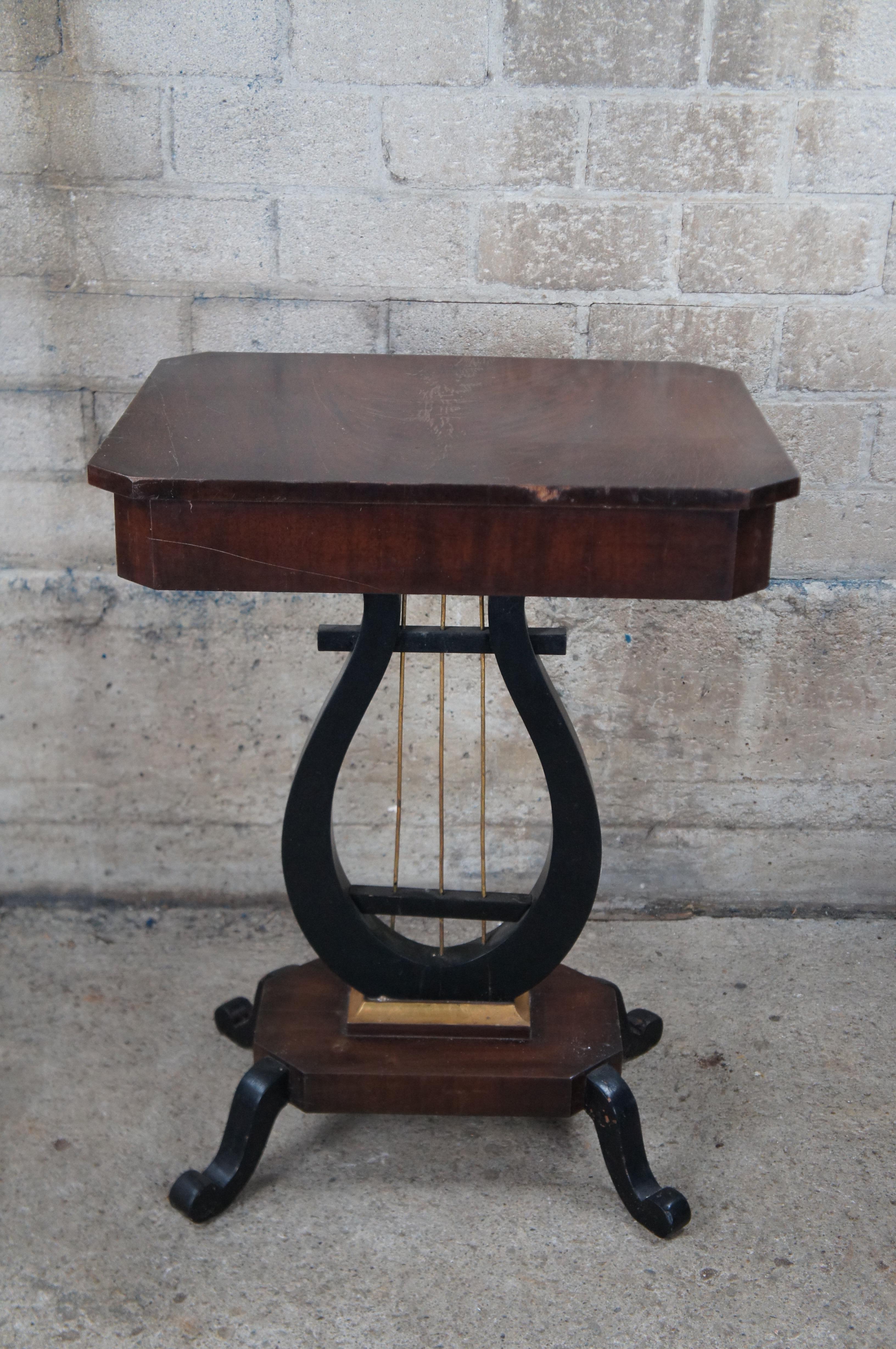 Antique Duncan Phyfe Style Crotch Mahogany & Ebony Lyre Pedestal Sewing Table For Sale 4