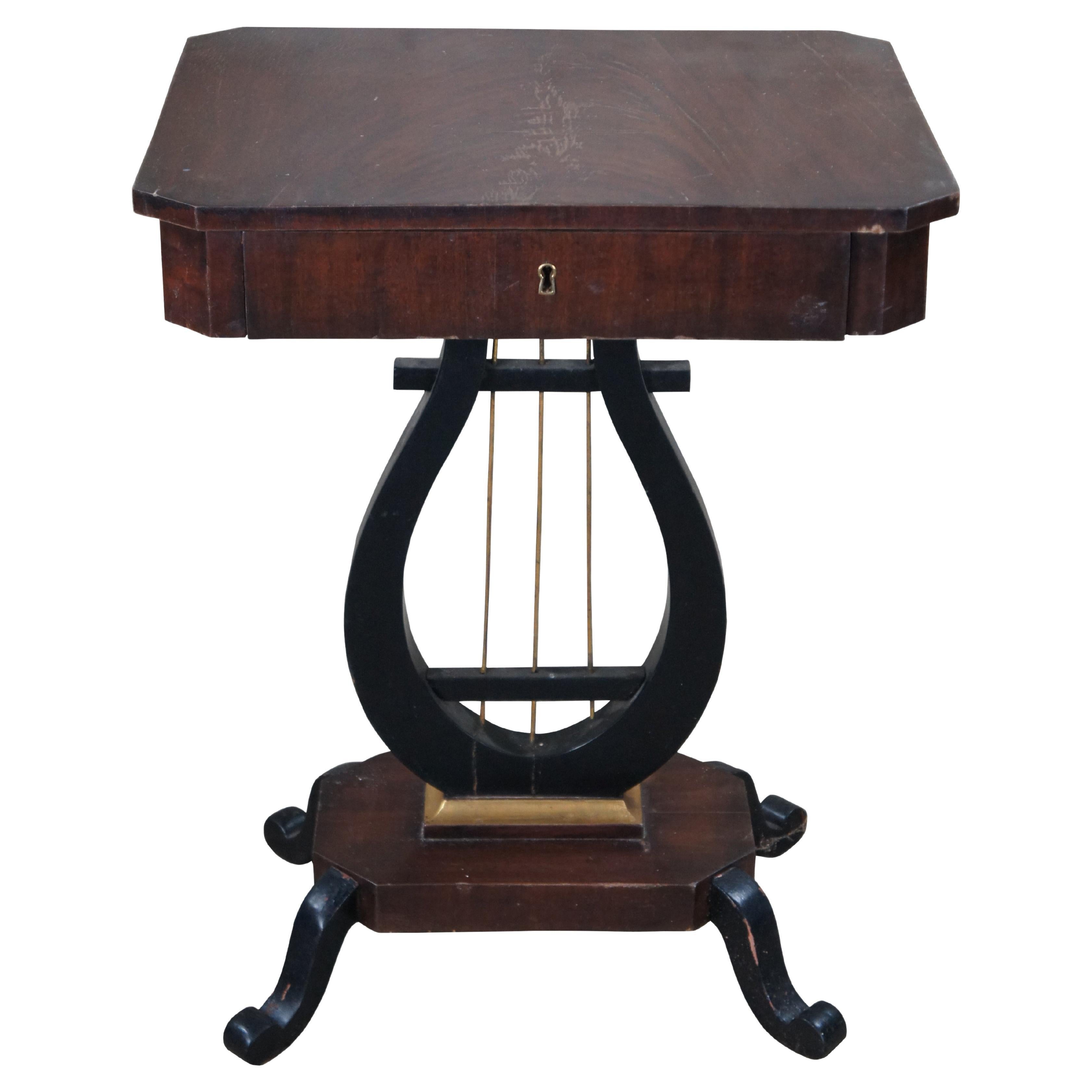 Antique Duncan Phyfe Style Crotch Mahogany & Ebony Lyre Pedestal Sewing Table