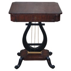 Antique Duncan Phyfe Style Crotch Mahogany & Ebony Lyre Pedestal Sewing Table