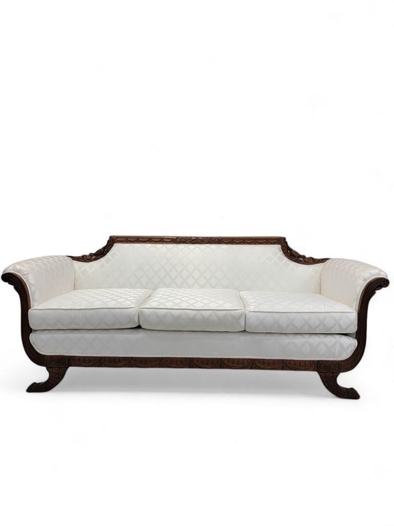 American Classical Antique Duncan Phyfe Style Mahogany Sofa Newly Upholstered in White Silk For Sale