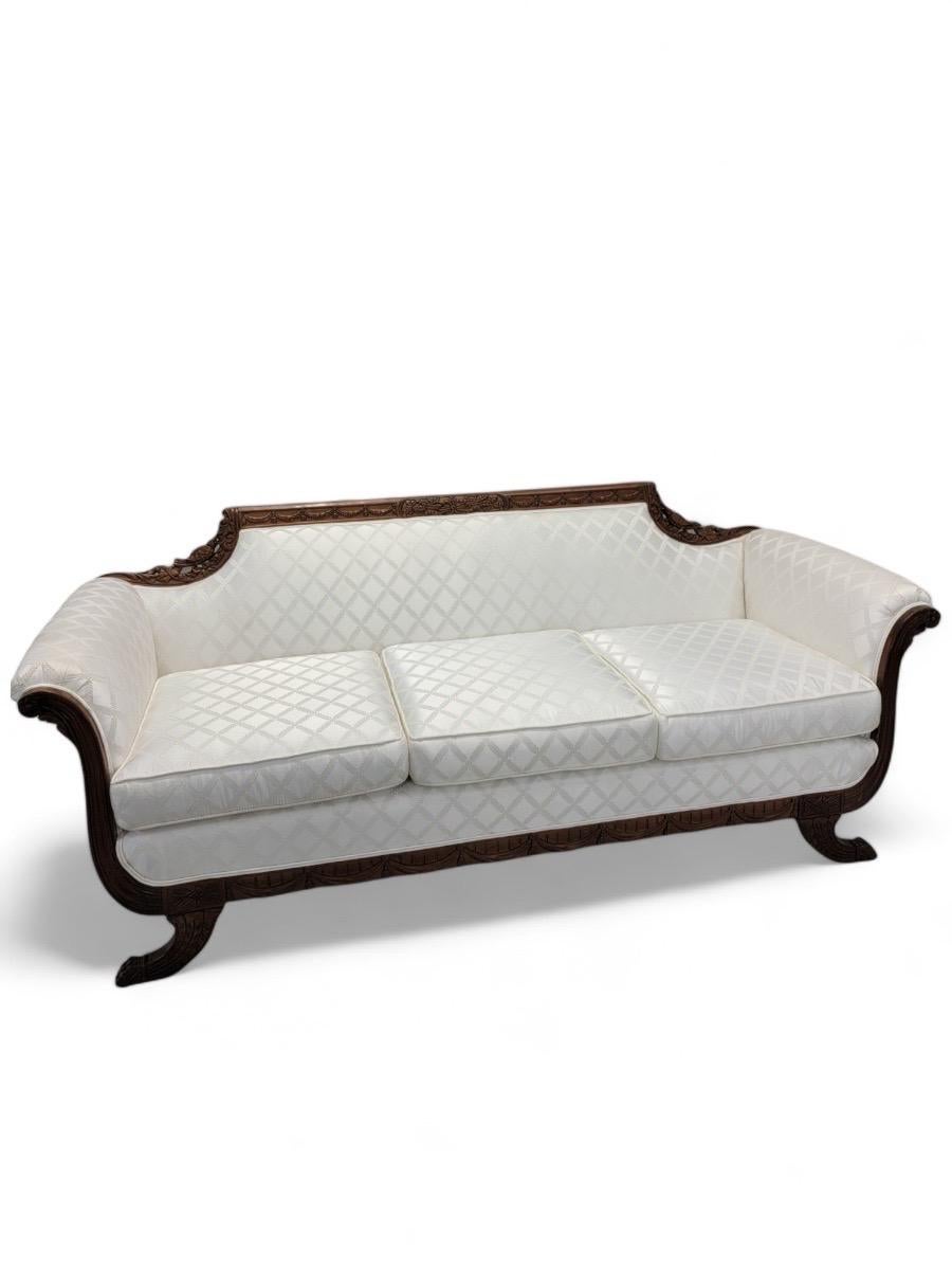 20th Century Antique Duncan Phyfe Style Mahogany Sofa Newly Upholstered in White Silk For Sale