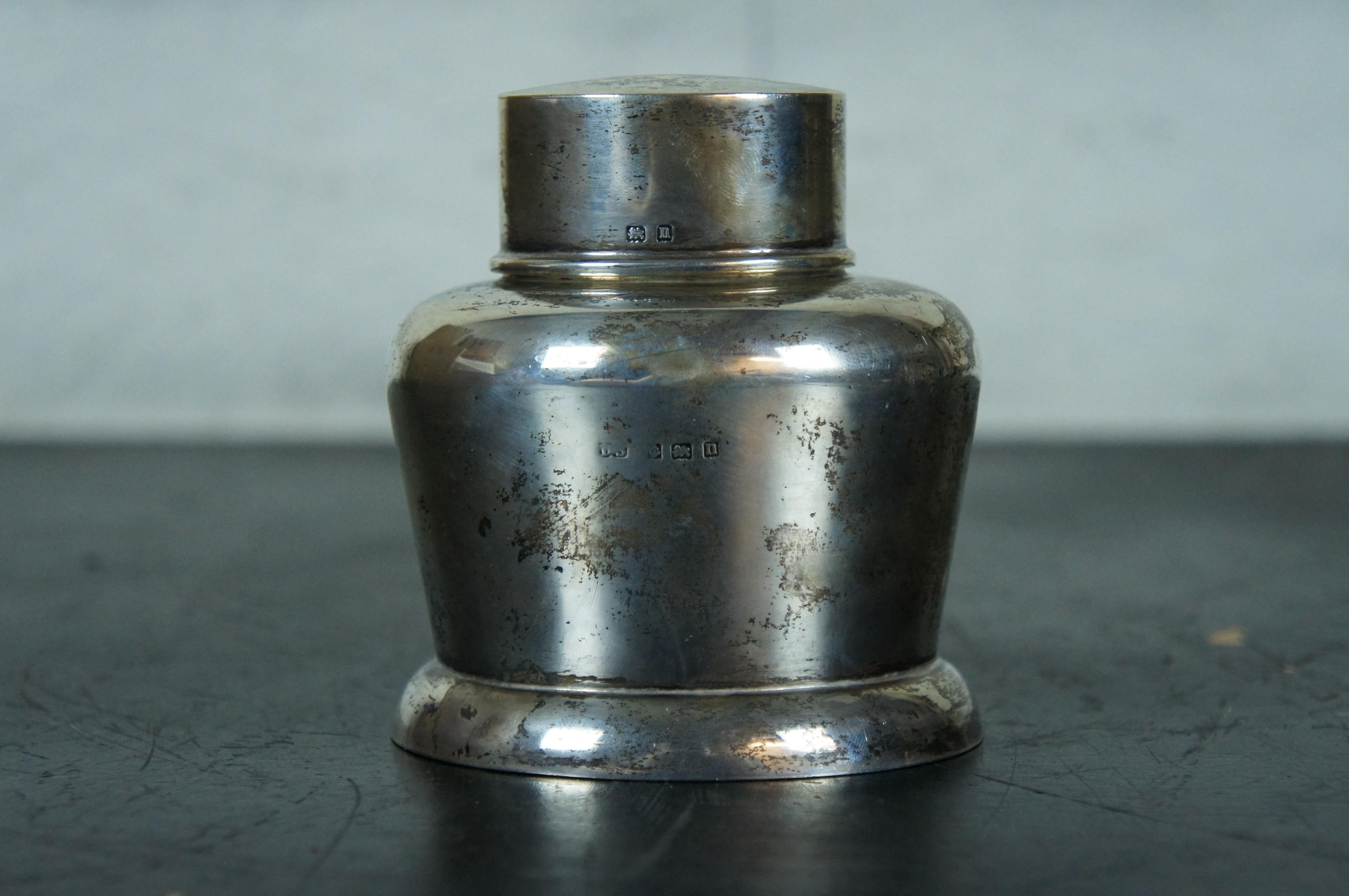 Argento 925 Antico 1912 Duncan & Scobbie Birmingham Sterling Silver Tea Canister Caddy 177g in vendita