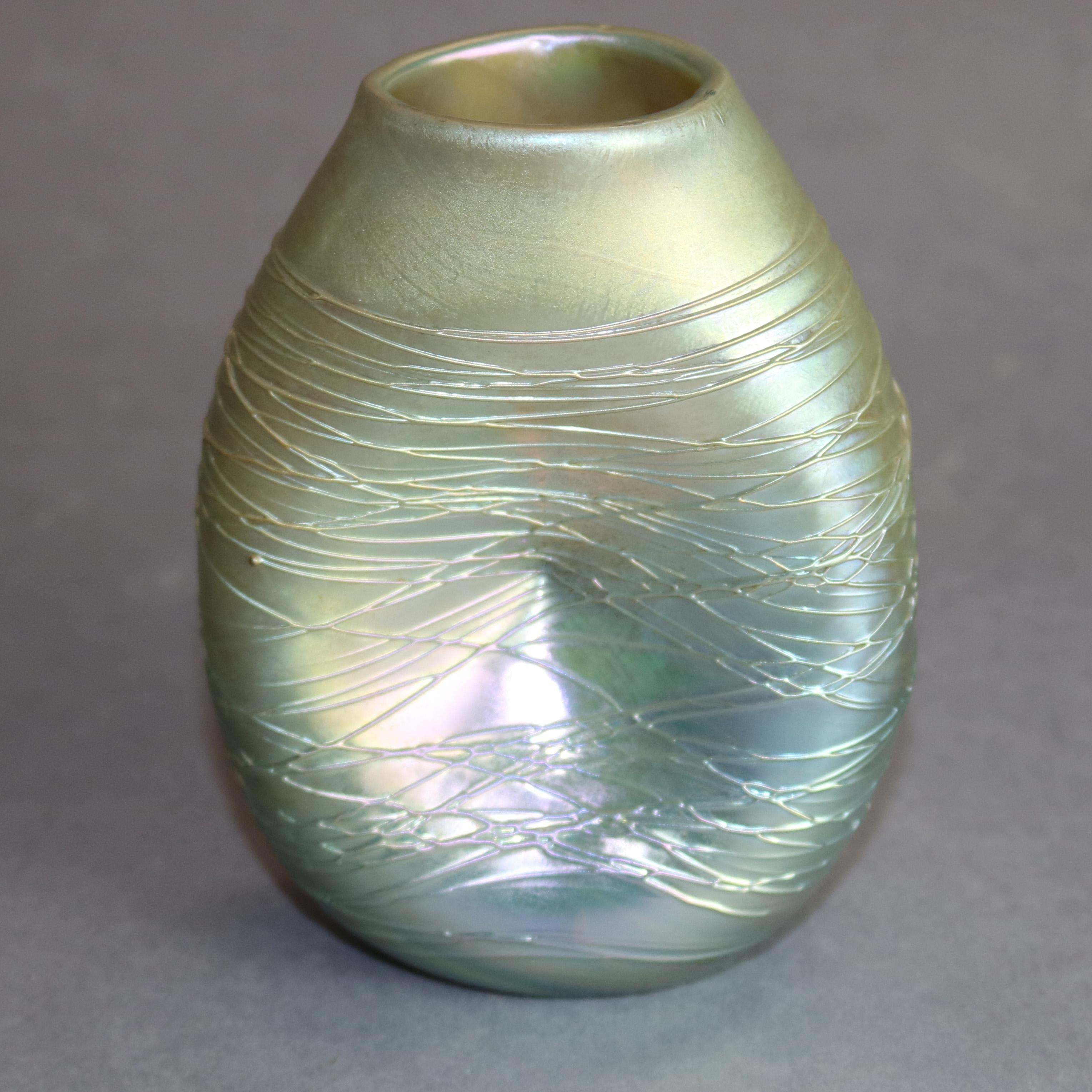 Antique Durand Threaded Pinched Form Art Glass Vase, Signed, circa 1920 2