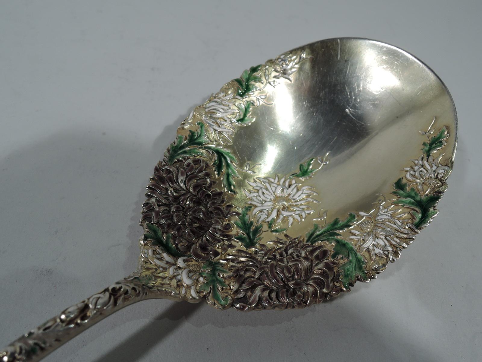 Japonisme Antique Durgin Chrysanthemum Gilt Sterling Silver and Enamel Berry Spoon