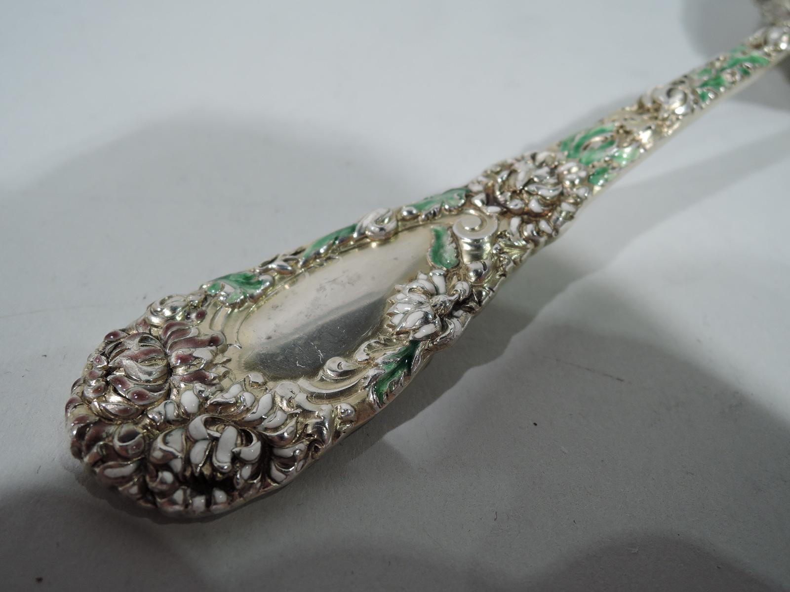 American Antique Durgin Chrysanthemum Gilt Sterling Silver and Enamel Berry Spoon