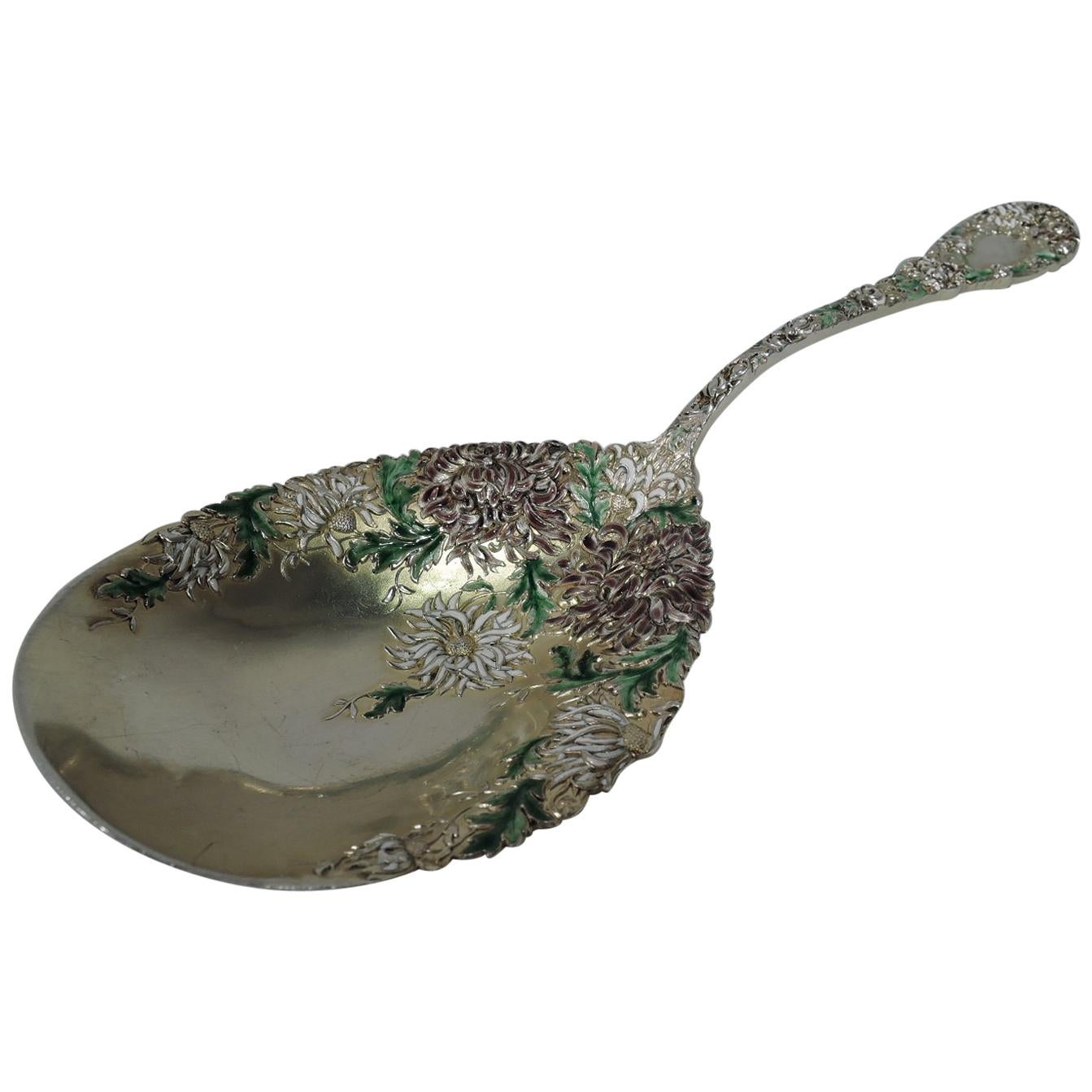 Antique Durgin Chrysanthemum Gilt Sterling Silver and Enamel Berry Spoon