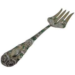 Antique Durgin Chrysanthemum Gilt Sterling Silver and Enamel Fork