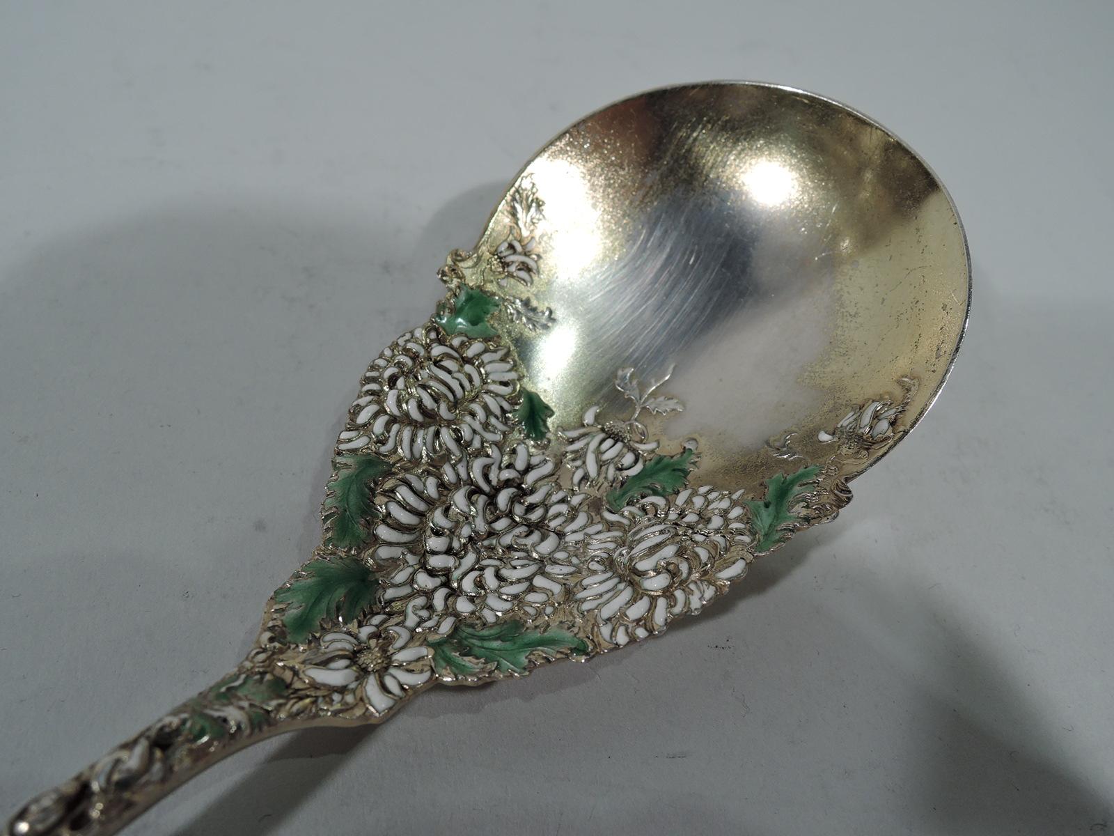 Japonisme Antique Durgin Chrysanthemum Gilt Sterling Silver & Enamel Berry Spoon