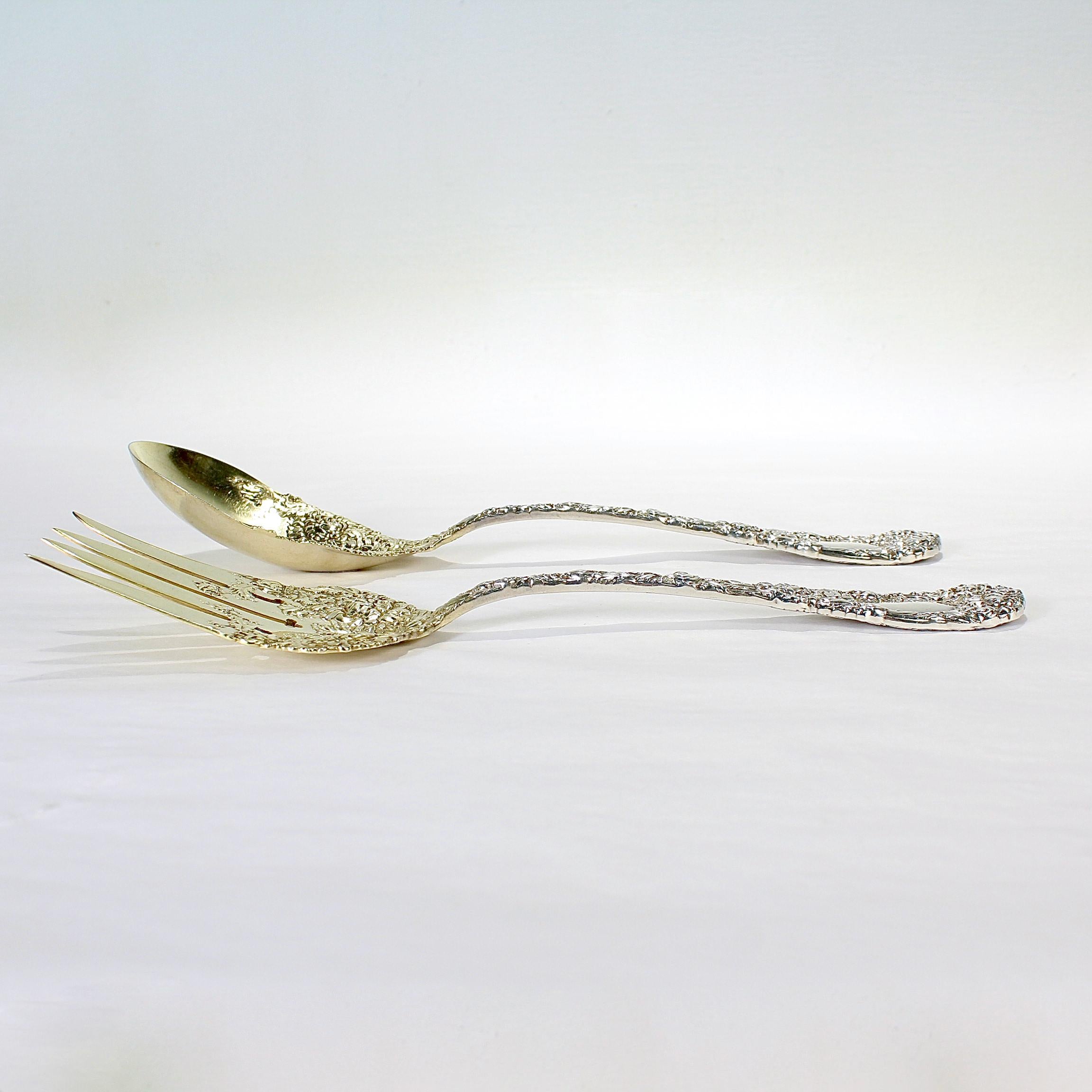 Antique Durgin Chrysanthemum Sterling Silver Fork & Spoon Salad Servers In Good Condition For Sale In Philadelphia, PA