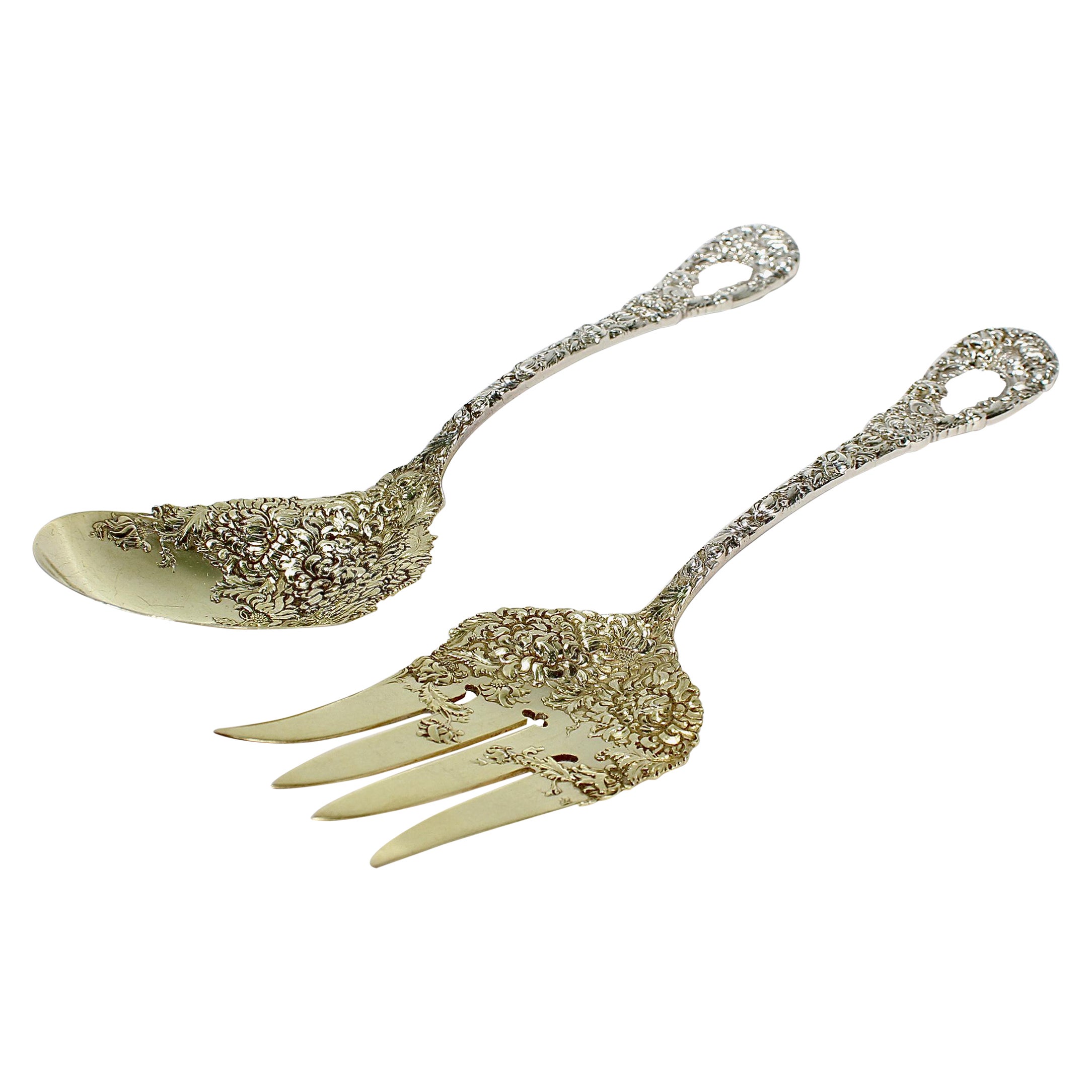 Antique Durgin Chrysanthemum Sterling Silver Fork & Spoon Salad Servers For Sale