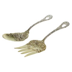 Antique Durgin Chrysanthemum Sterling Silver Fork & Spoon Salad Servers