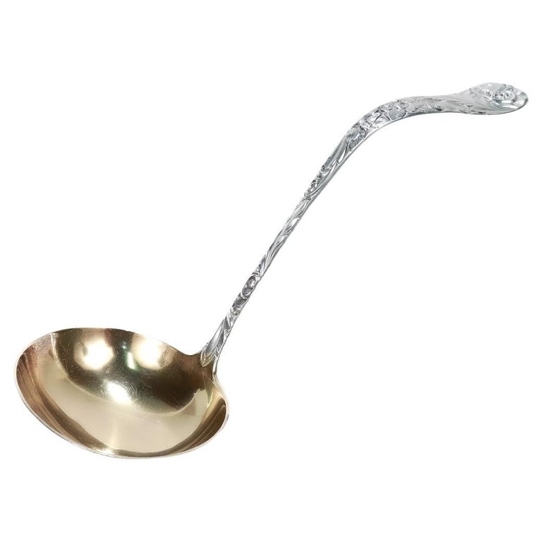 Antique Durgin Sterling Silver Scroll Pattern Soup Ladle For Sale