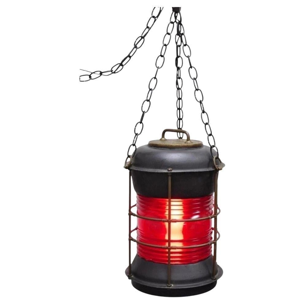 Antique Durkee Marine Ship Lantern Fixture Red Fresnel Pendant Chandelier (A)