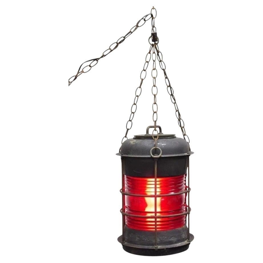 Antique Durkee Marine Ship Lantern Fixture Red Fresnel Pendant Chandelier (B) For Sale