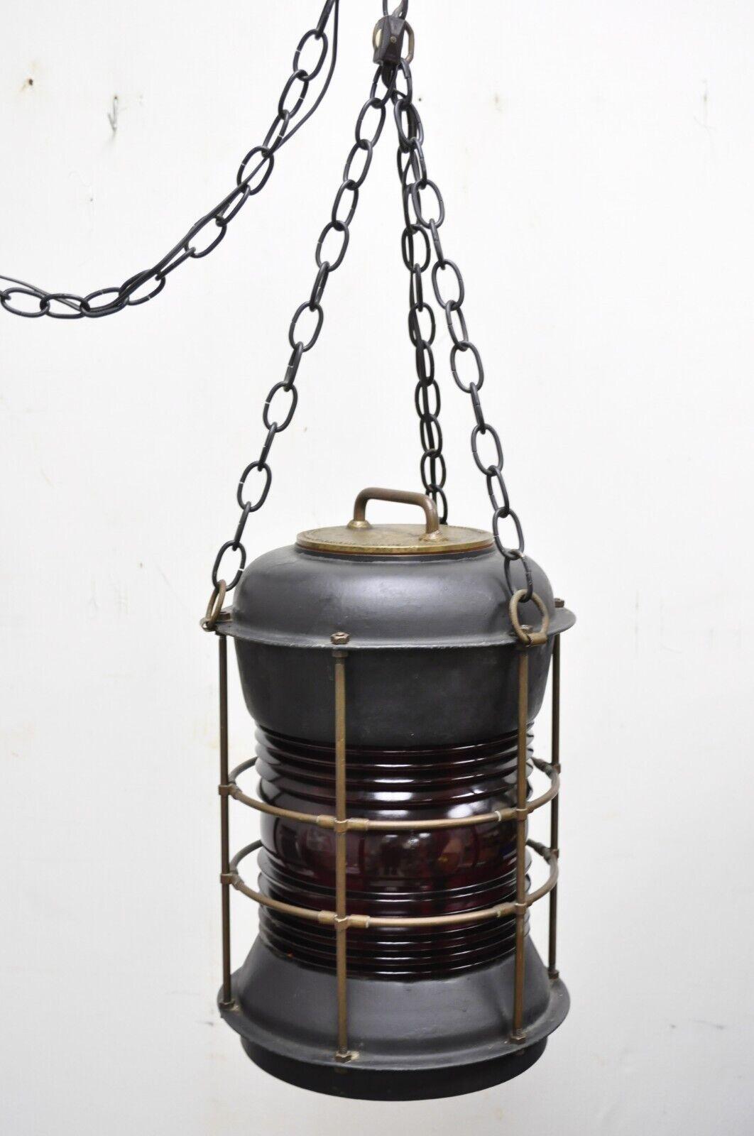 Antico Durkee Marine Ship Lantern Fixture Red Fresnel Pendant Chandlier, 'a' In condizioni buone in vendita a Philadelphia, PA