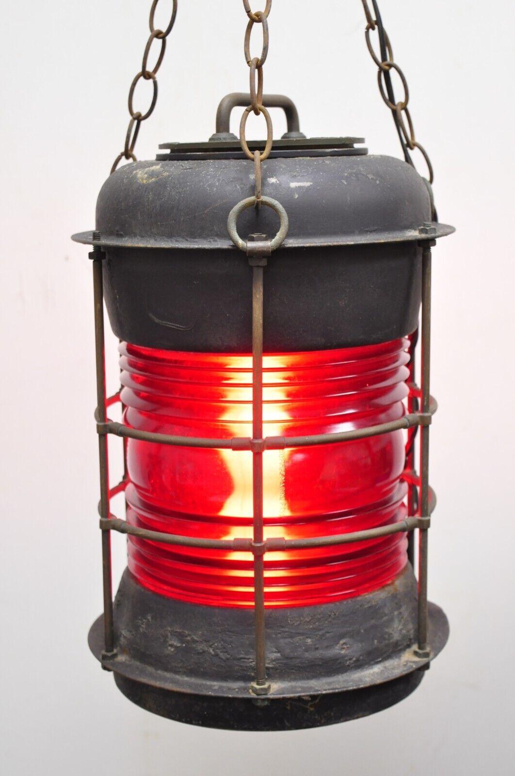 Antique Durkee Marine Ship Lantern Fixture Red Fresnel Pendant Chandlier (B). Item features 360 degree red glass fresnel lens, steel metal frame, original label, very nice antique item, quality American craftsmanship, converted into a functioning