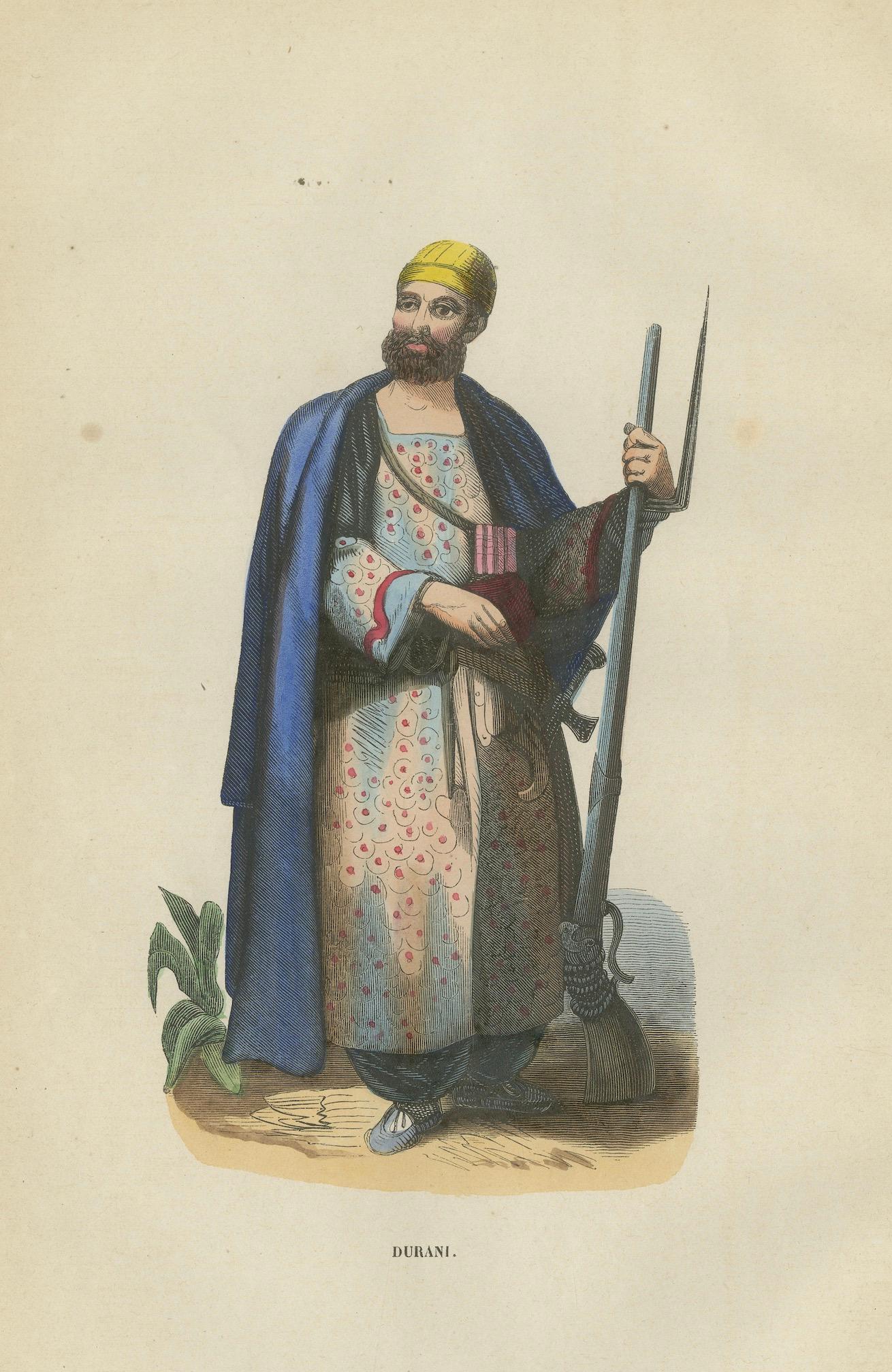 Antique Durrani Afghan Warrior Print, Hand-Colored Costume Lithograph￼ 1852