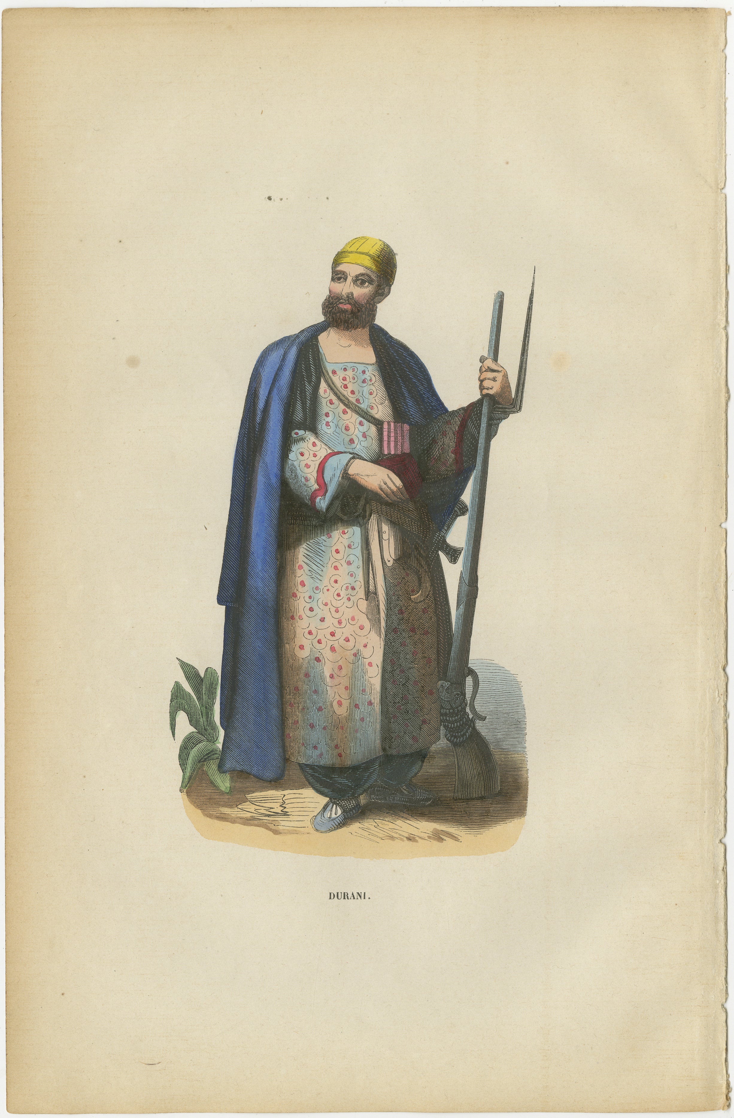 Antique Durrani Afghan Warrior Print, Hand-Colored Costume Lithograph￼ 1852