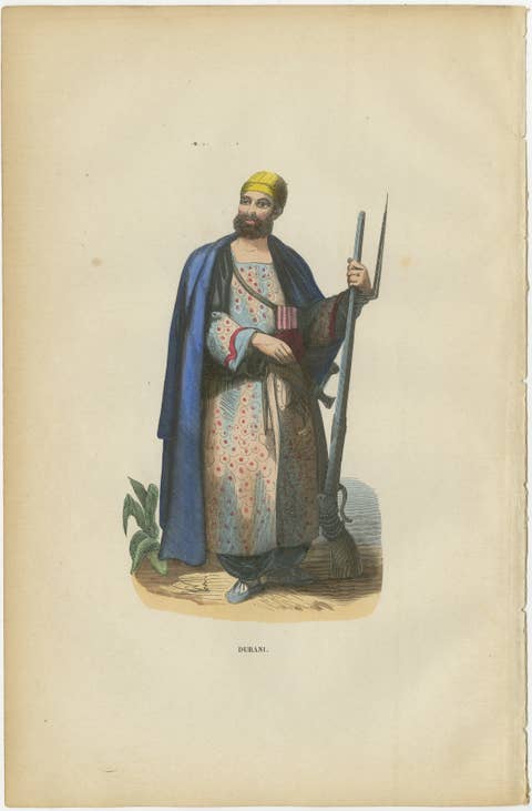 Antique Durrani Afghan Warrior Print, Hand-Colored Costume Lithograph 1852